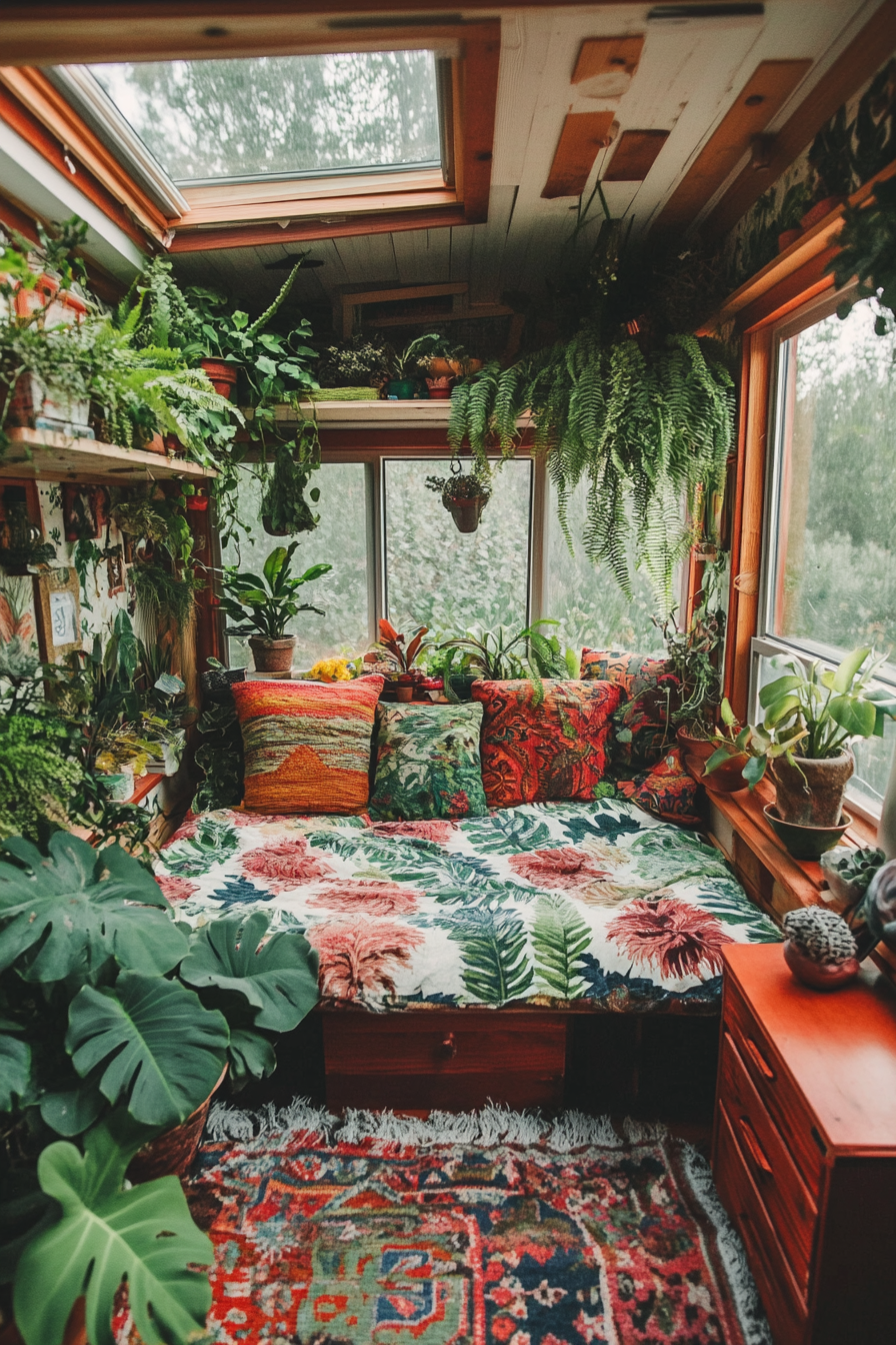 Wide-angle view. Plant-filled tiny house with vine-draped greenhouse windows and fern-patterned wallpaper.