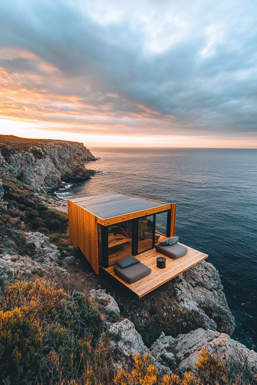 Wide angle view. Sleek tiny home with built-in seats on clifftop, overlooking panoramic ocean.