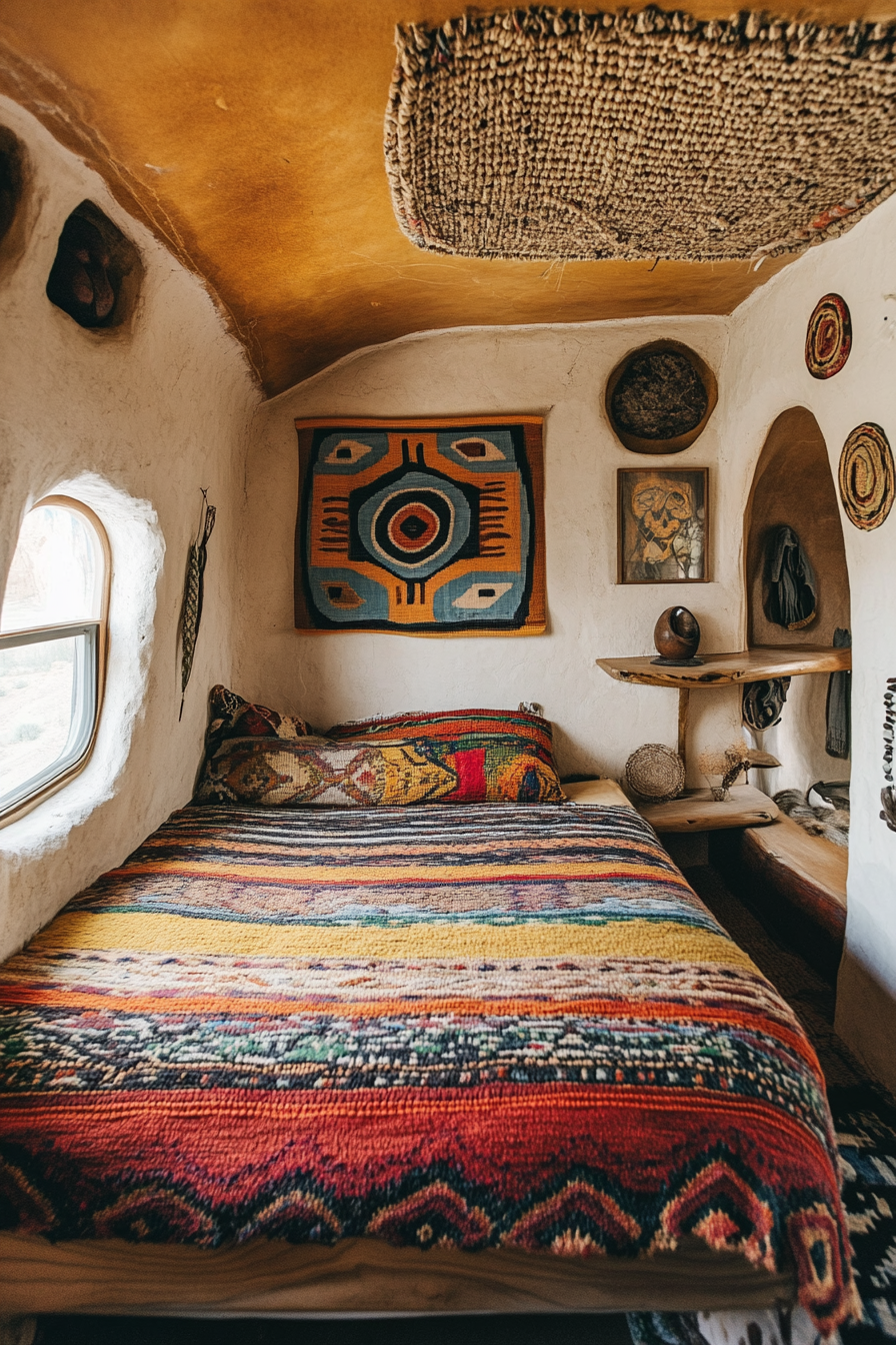 Wide-angle Southwestern tiny house bedroom. Earth-toned bedspread, woven wall art.