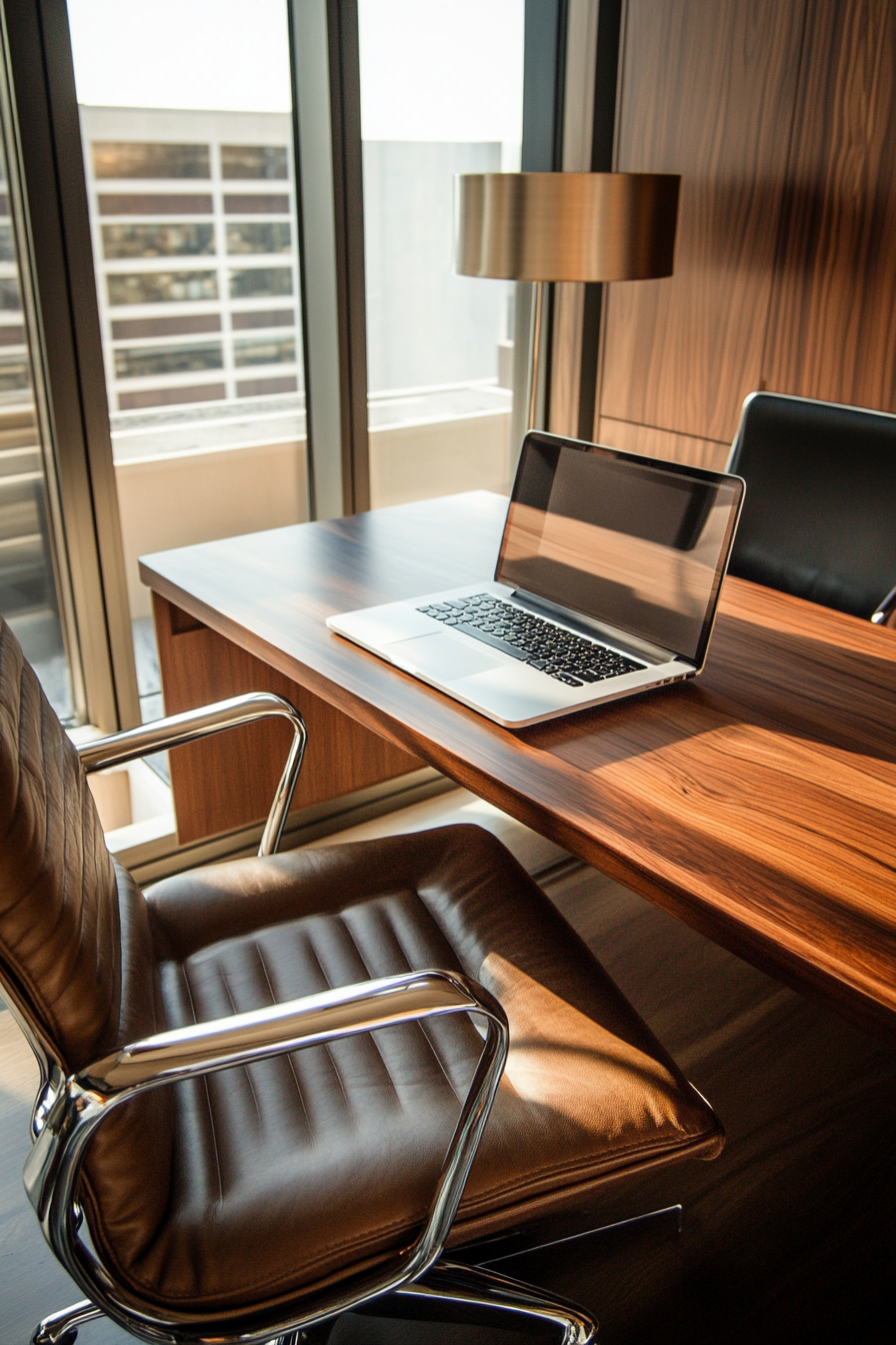 Wide angle view. Mobile workspace, leather executive chair, walnut desk, sleek laptop.