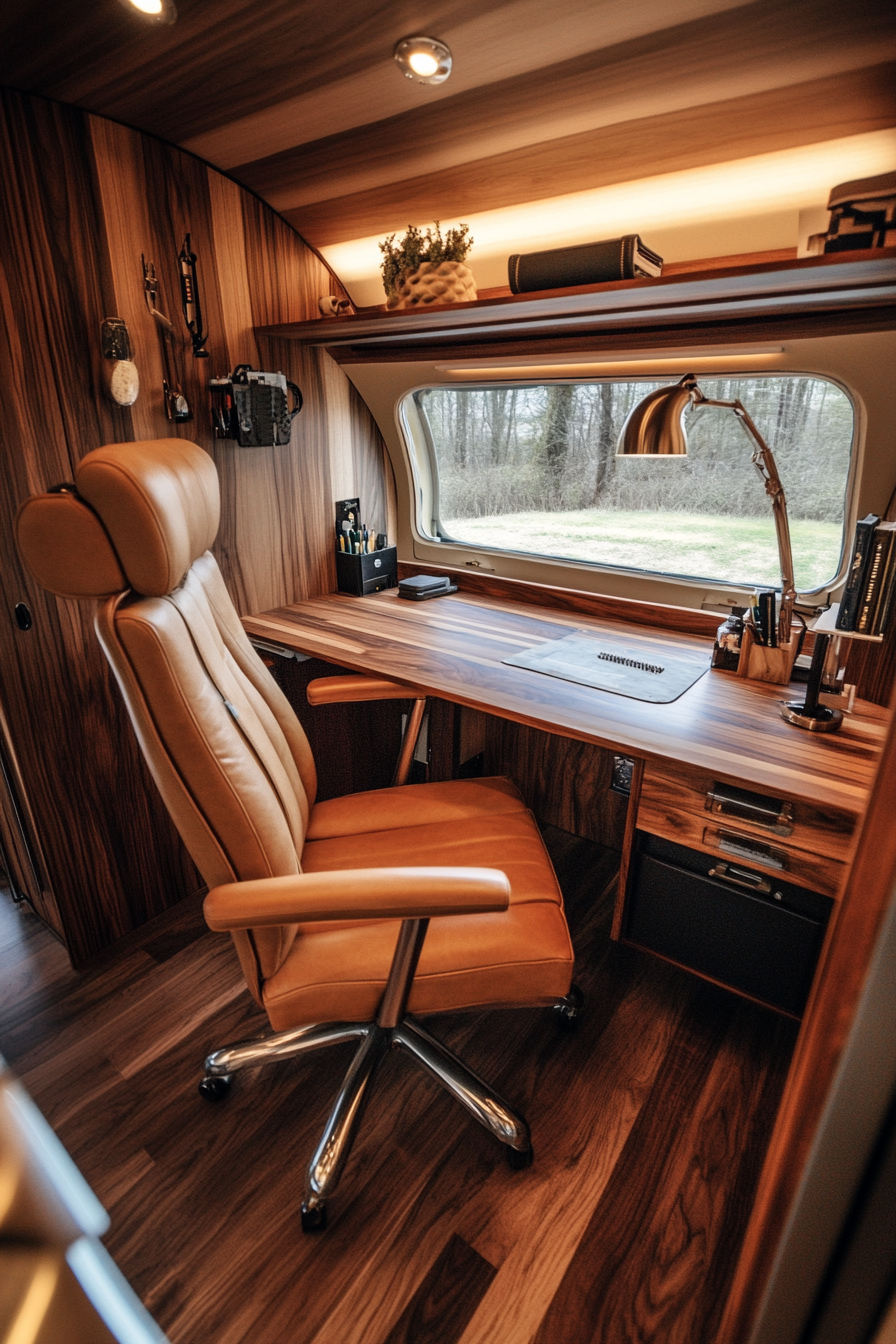 Wide angle view. Upscale mobile workspace including a walnut desk and tan leather chair.