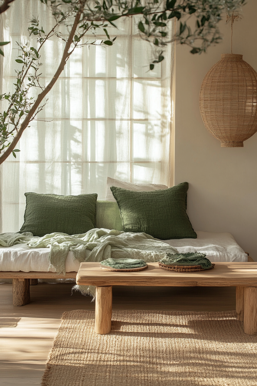 Natural mobile home scene. Light wooden interior featuring green, organic textiles.