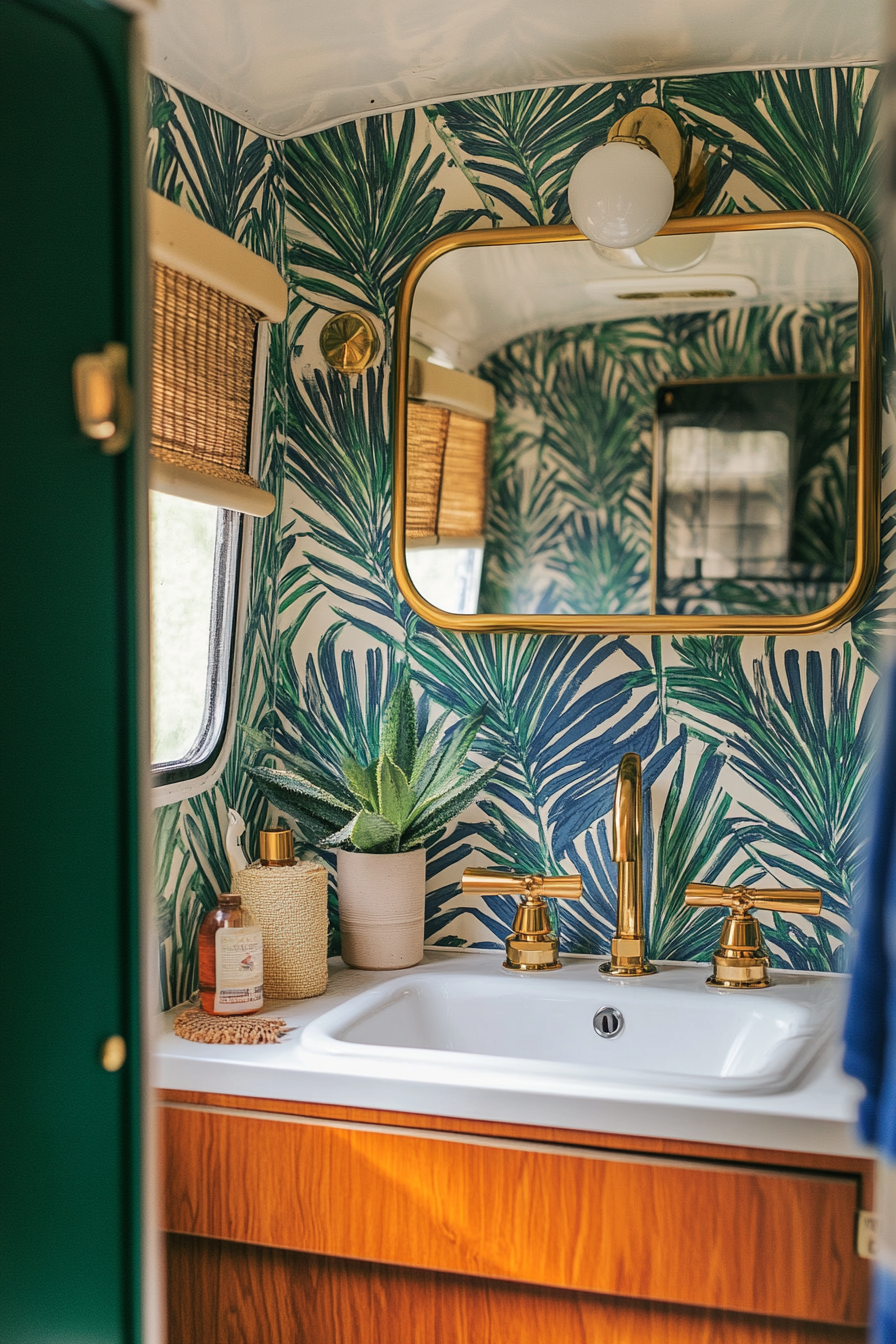 Wide angle view of mid-century camper bathroom: bold graphic wallpaper, brass fixtures.