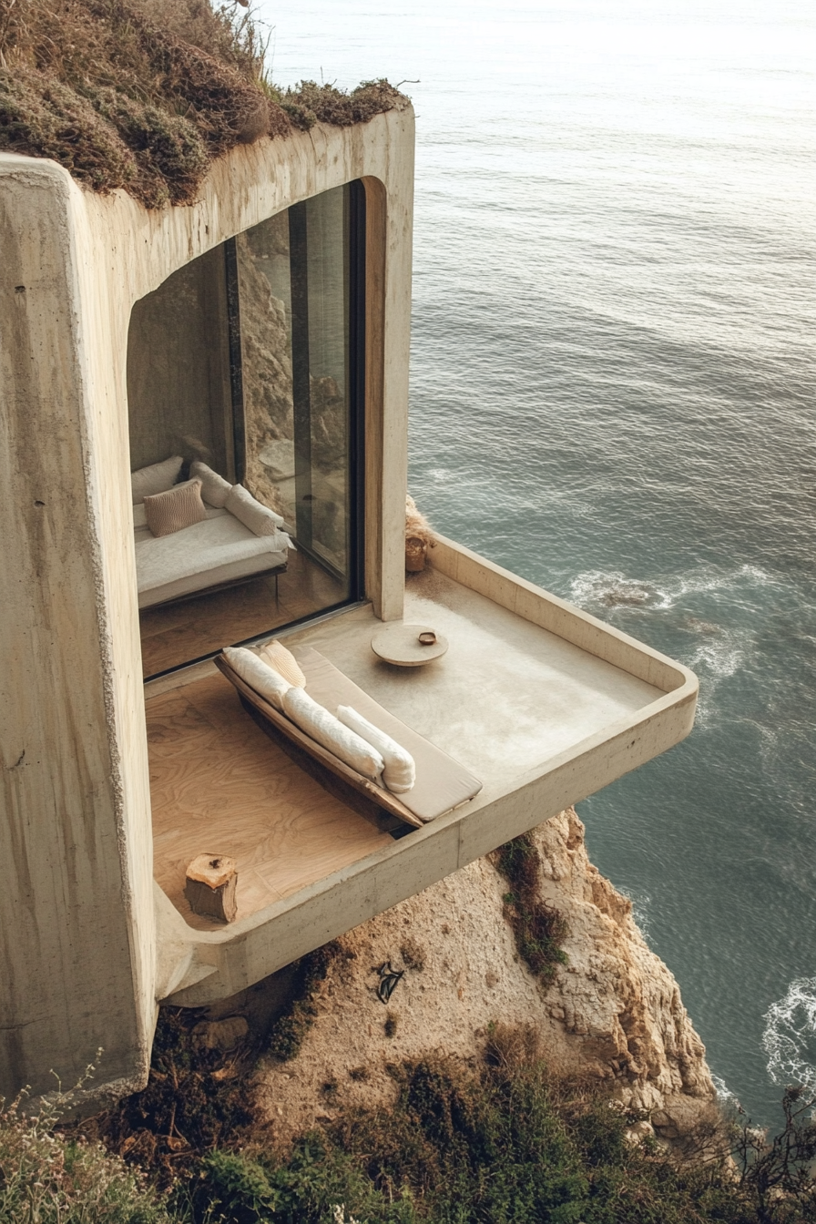 Wide angle view. Tiny home. Sleek design, built-in platform seating, on a cliff with ocean view.