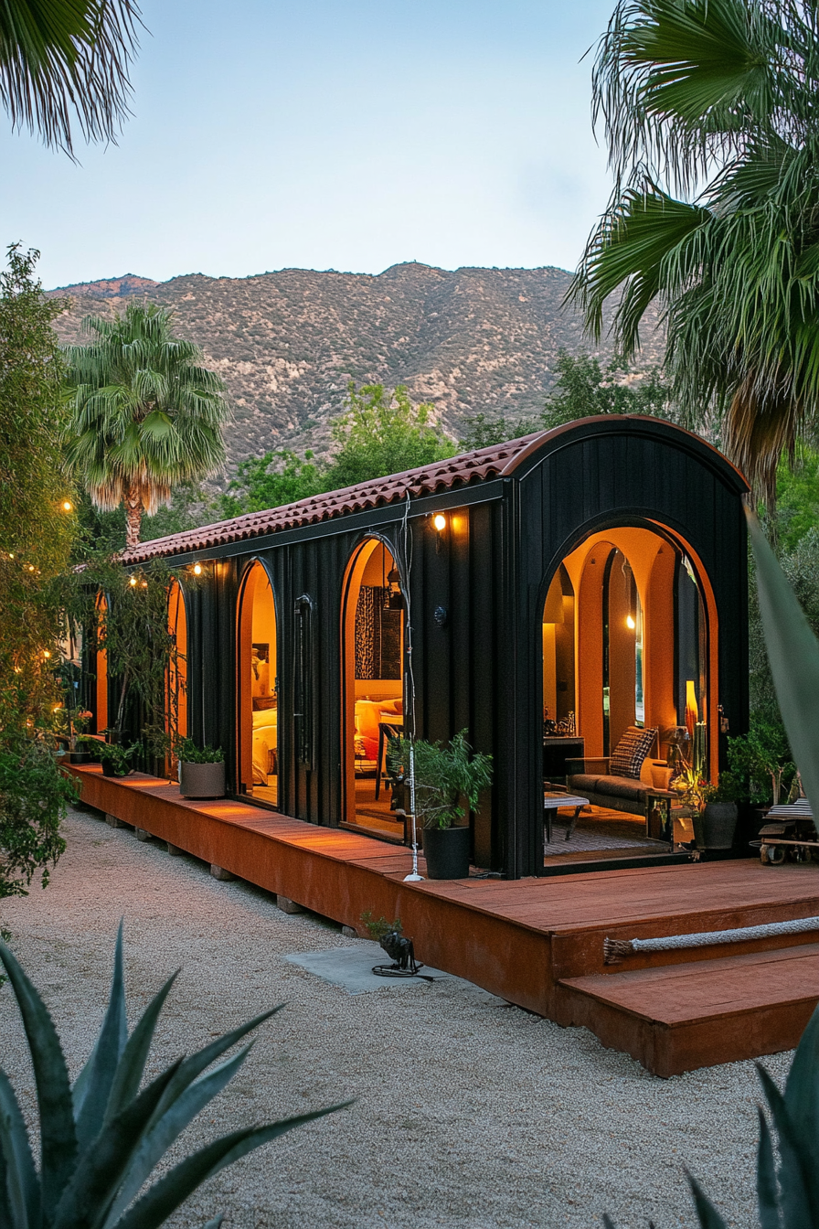 Wide angle view. Dark sophisticated mobile home with arched details and terra cotta accents.