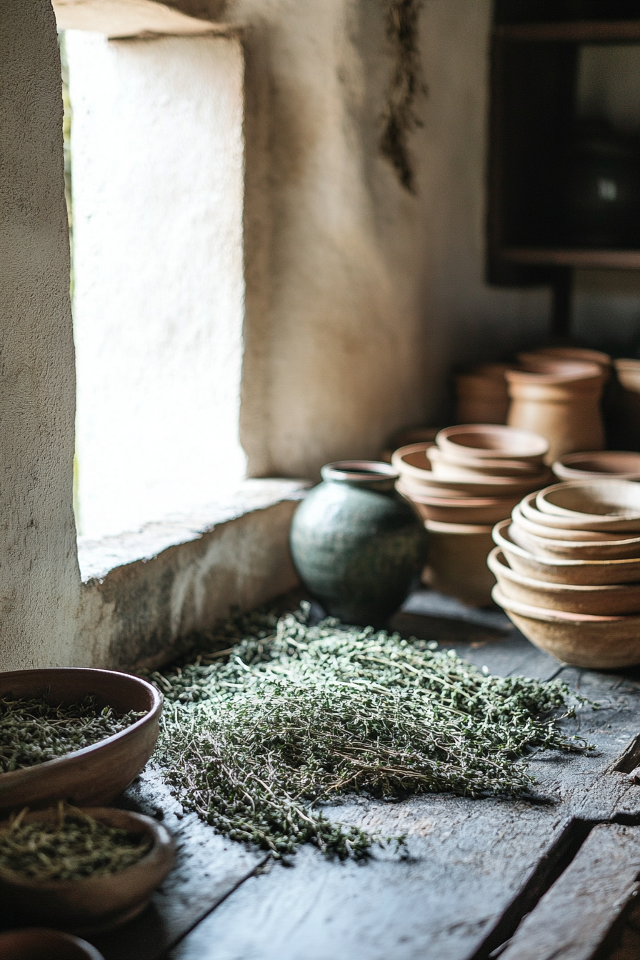 Wide angle provincial cooking space view. Drying thyme, sage sprigs, pottery jar stack.