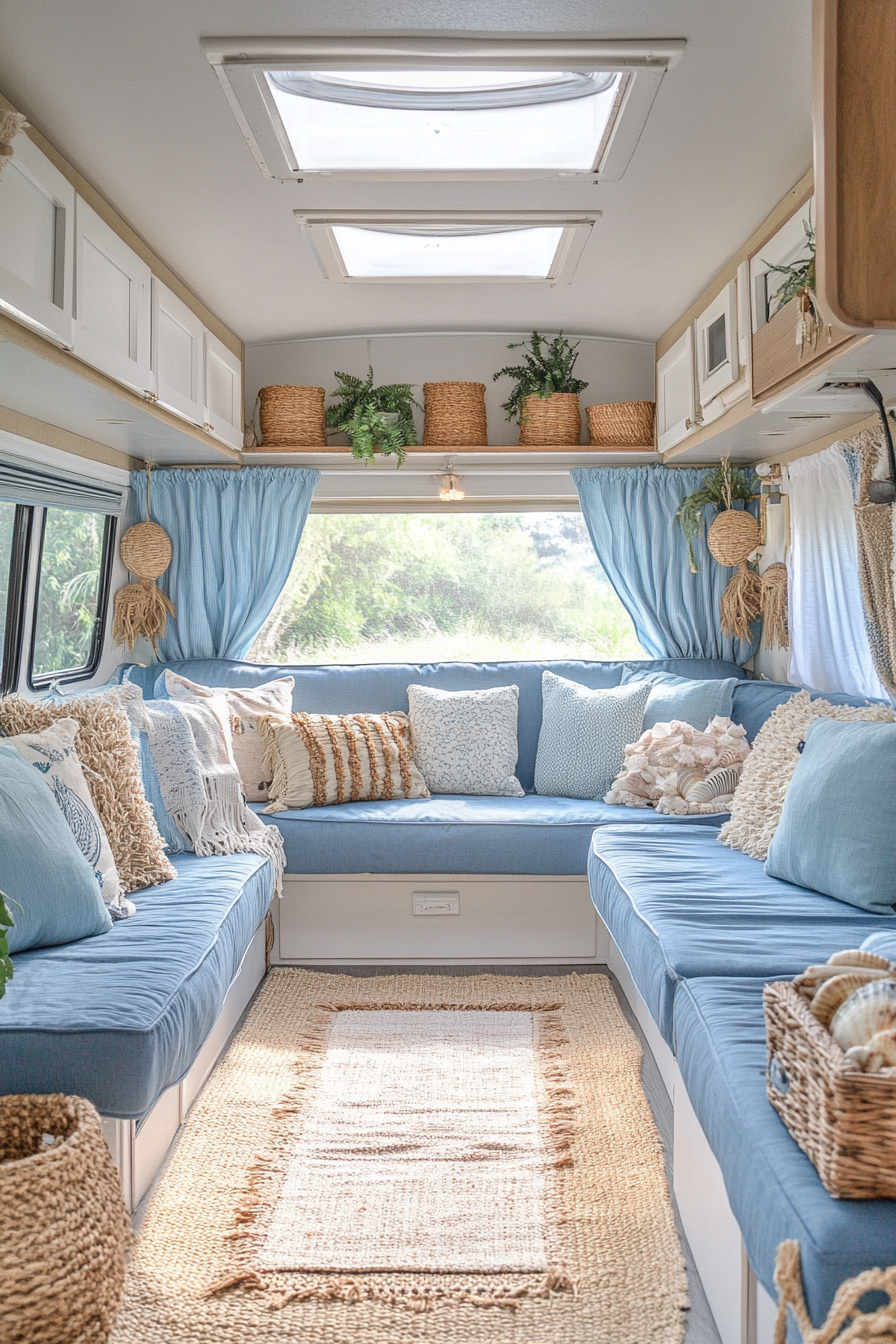 Wide angle view of coastal-inspired RV. Interior decorated with blue upholstery, seashells, and jute rugs.