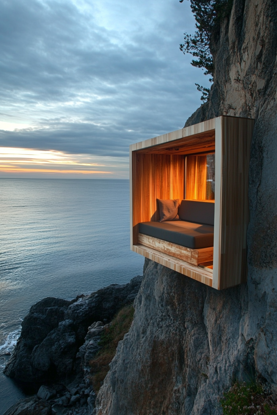 Sleek tiny home. Built-in seating platform, perched on cliff. Wide-angle, panoramic ocean view.