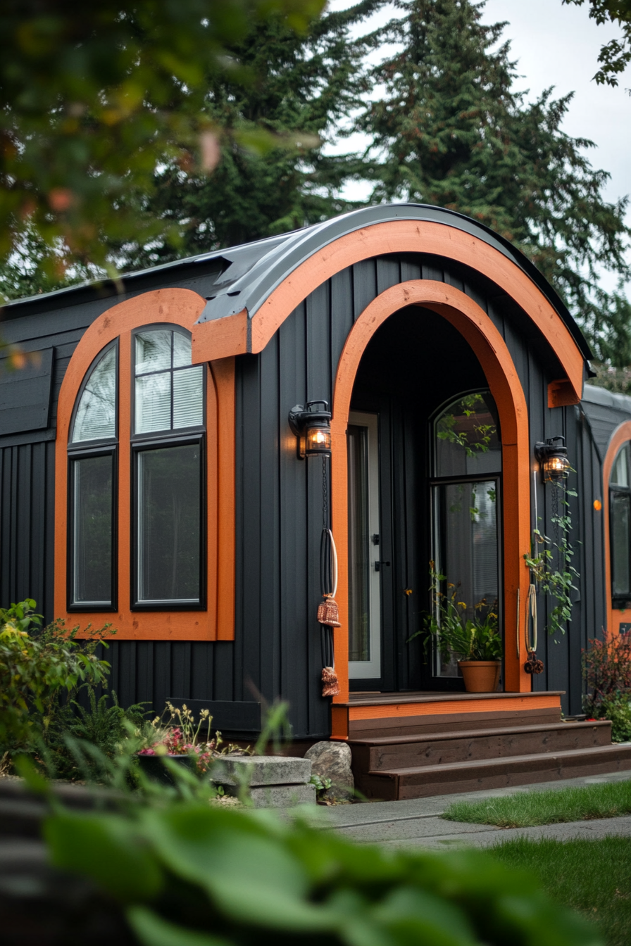 Wide angle view. Dark mobile home with arched details, terra cotta accents.