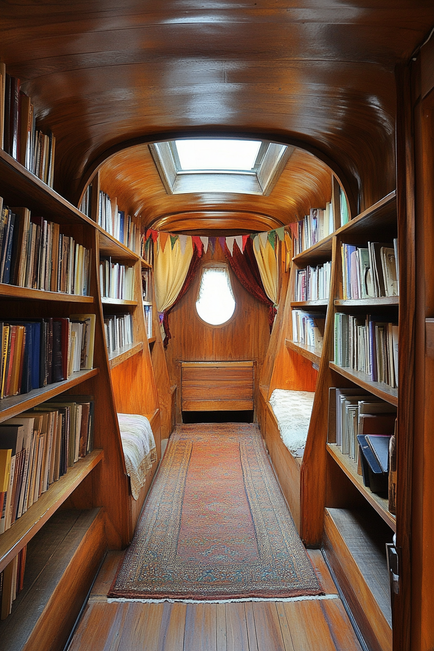 Wide angle view. Wood-paneled mobile library with fabric pennants and hidden reading nooks.