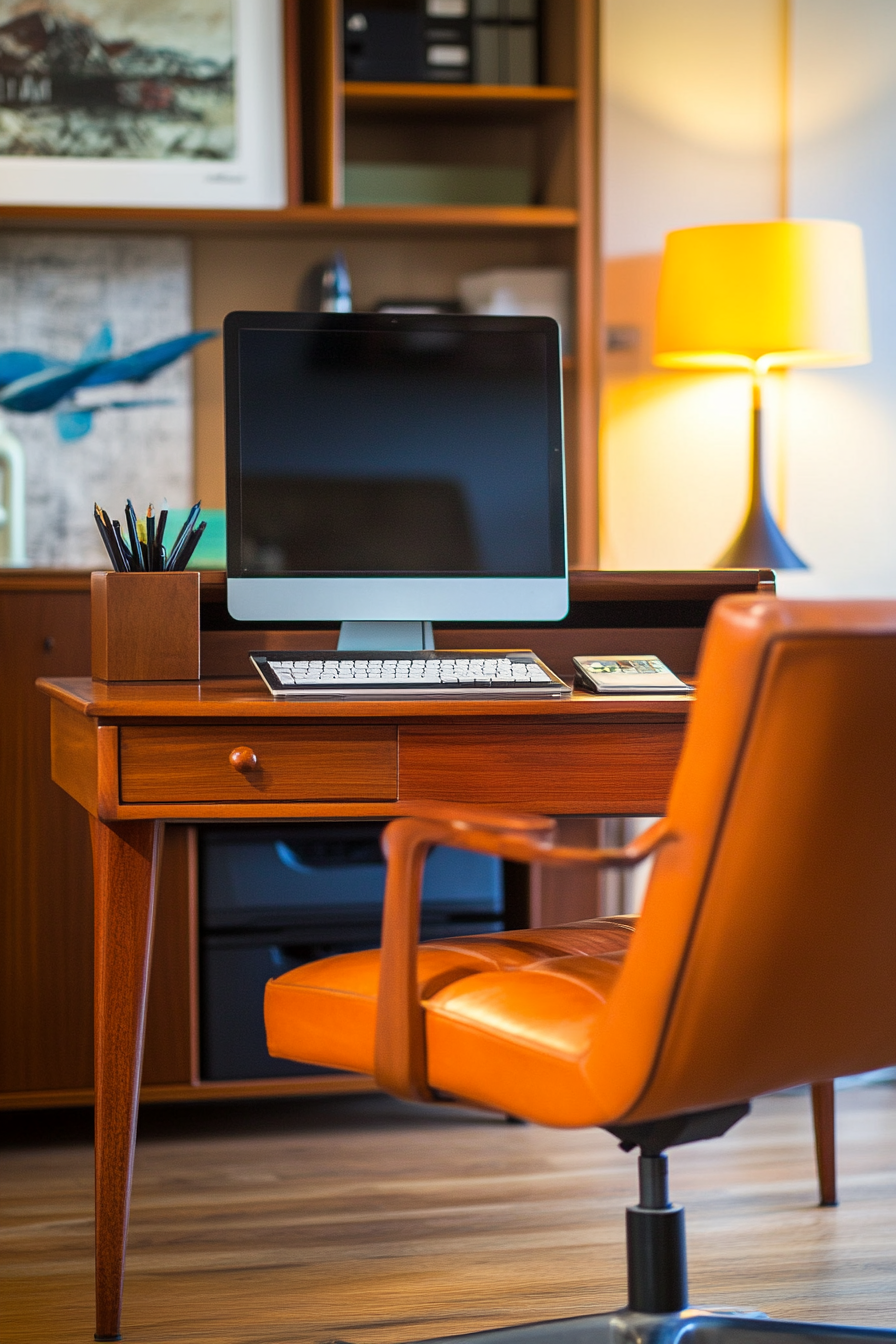 Professional mobile workspace. Mahogany desk, Amber lamp, mid-century armchair. Wide angle.