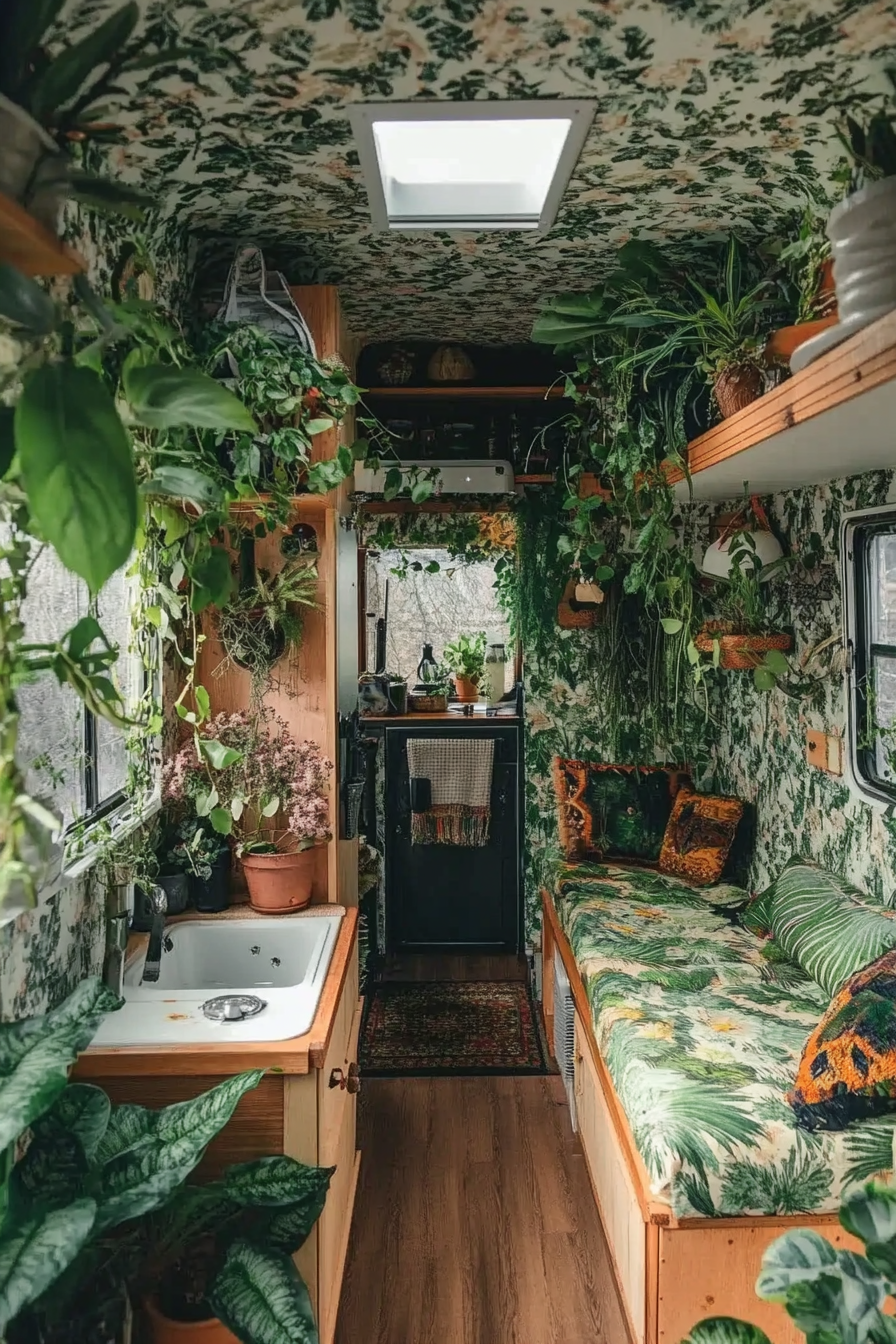 Wide angle view. Tiny house with lush, green, indoor plants and botanical wallpaper.