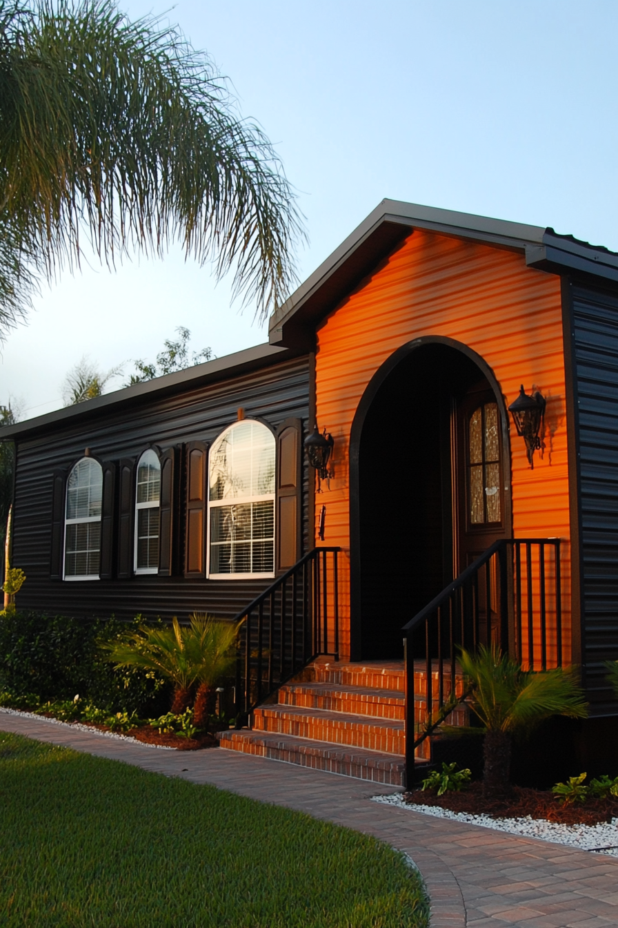 Wide angle view. Mobile home. Dark sophistication, arched features, terra cotta accents.