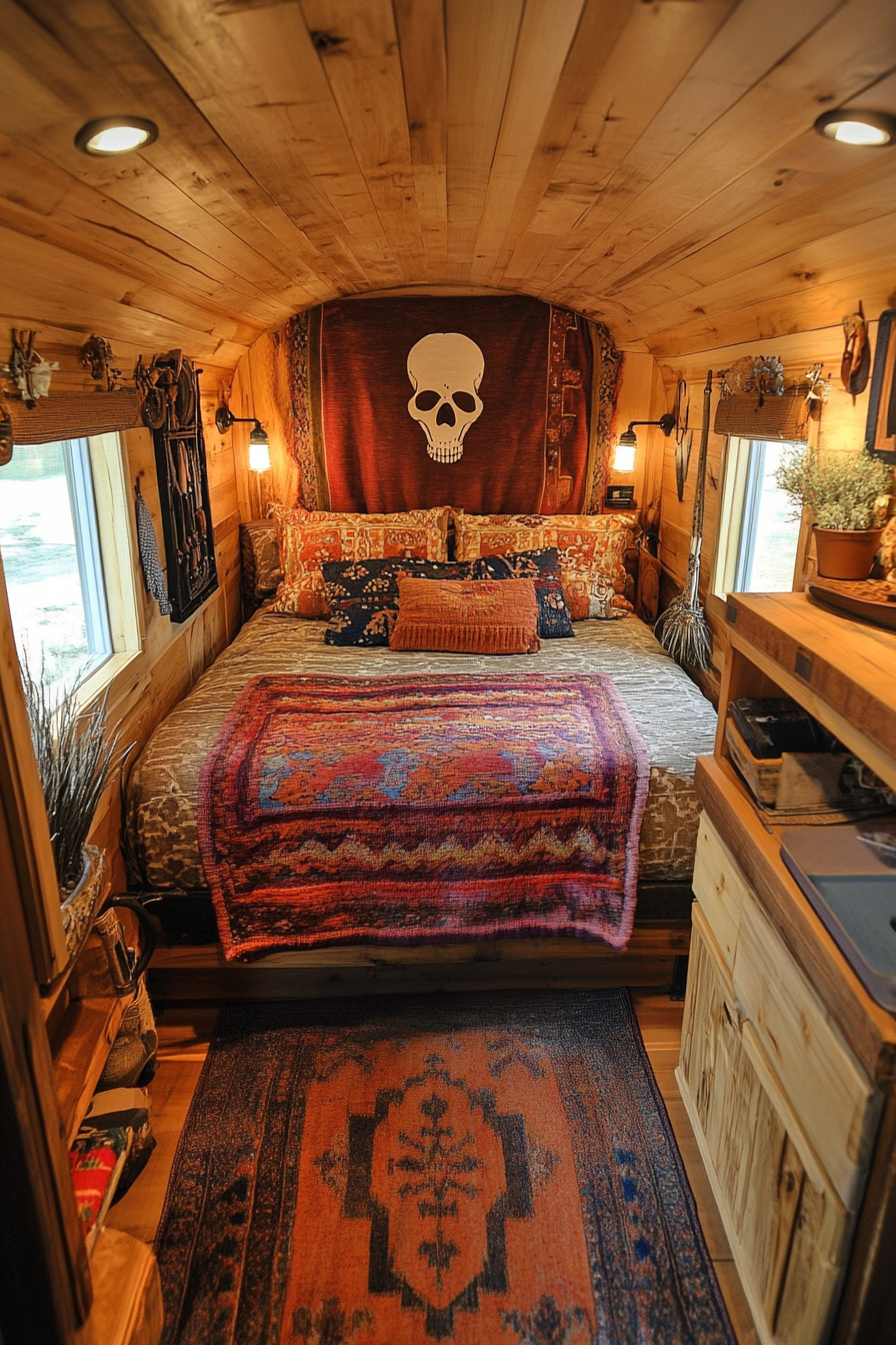 Southwestern tiny house bedroom. Copper Pecan flooring and terracotta skull tapestry.