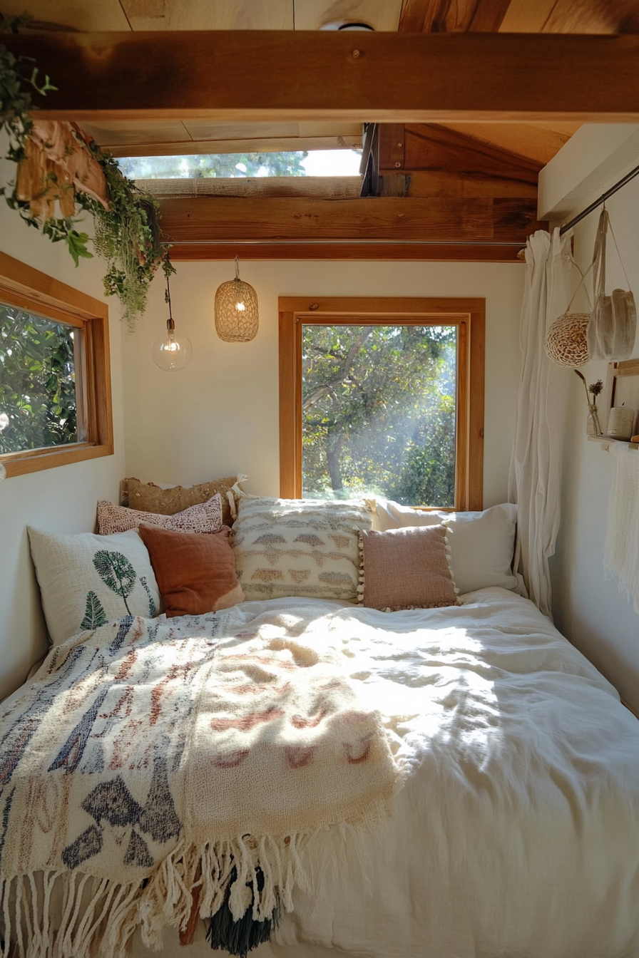 Wide angle view. Tiny house bedroom, organic bedding, minimalist design.