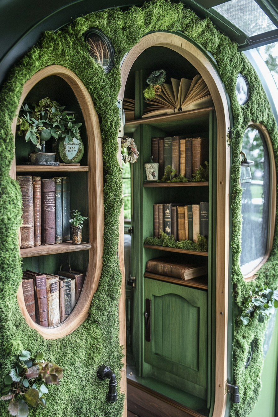 Wide-angle view. Storybook-inspired mobile library with moss-covered fairy doors and secret compartments.