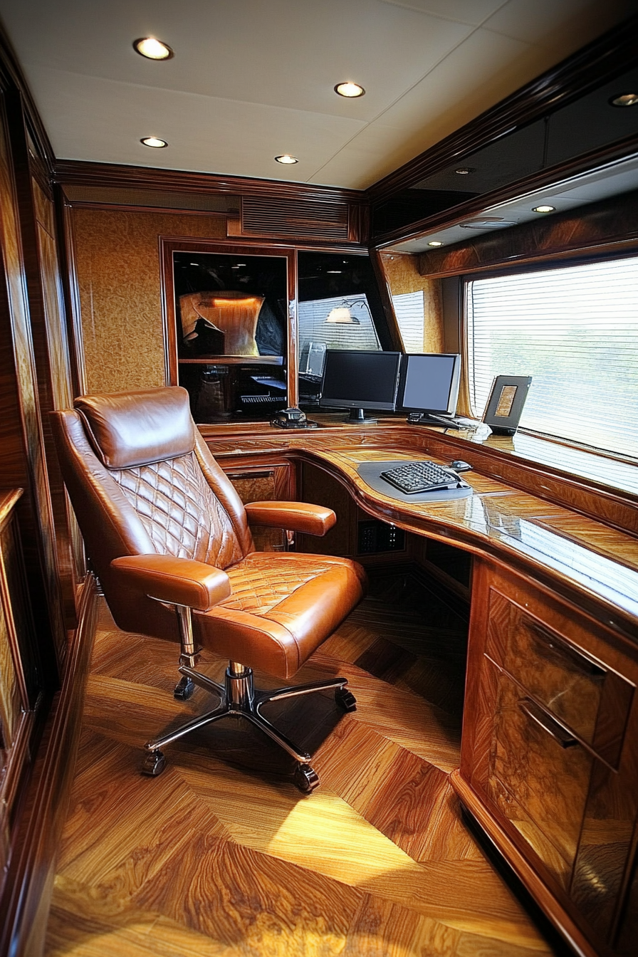 Upscale mobile workspace. Leather chair before walnut desk in wide-angle view.