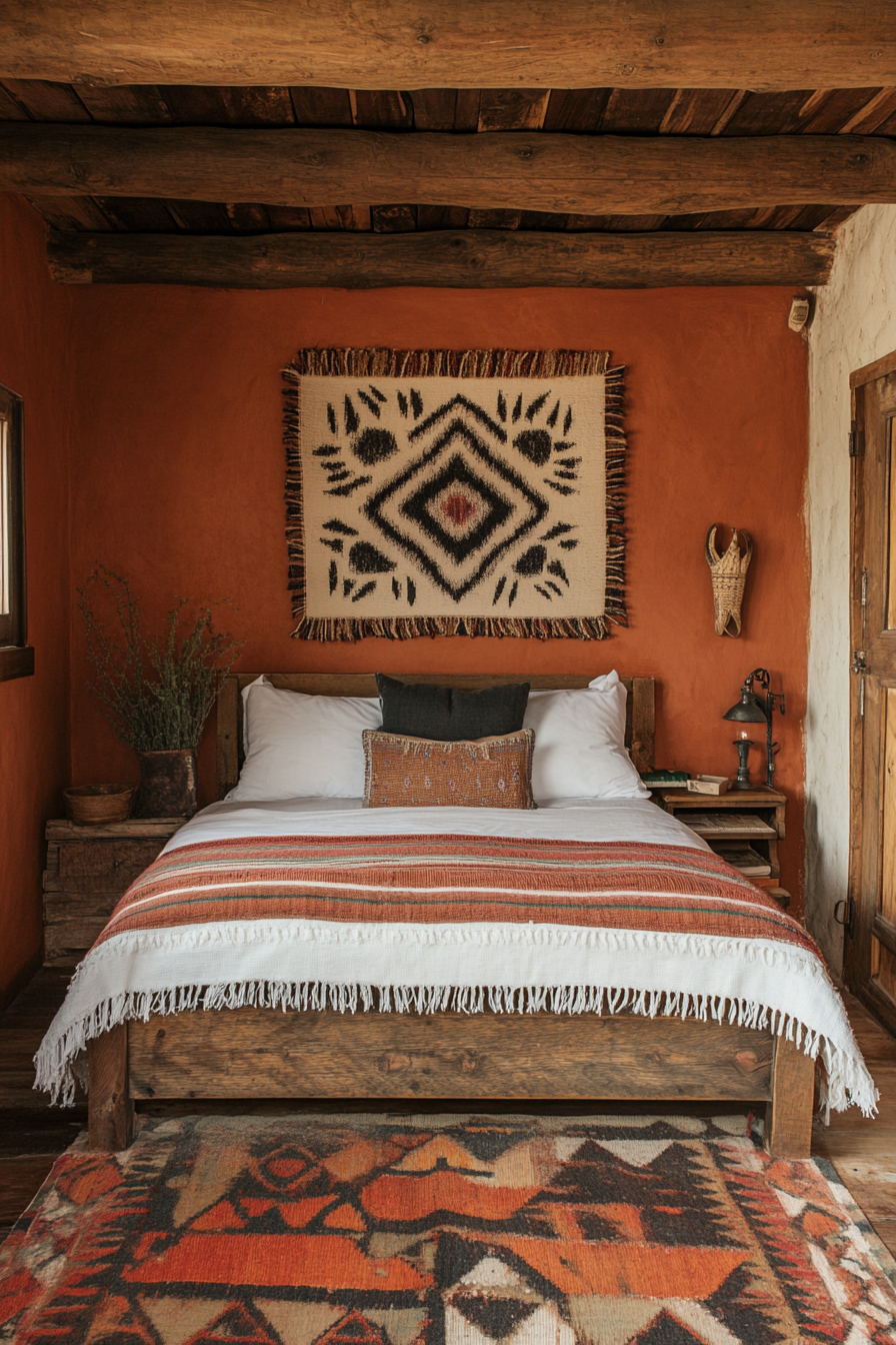 Southwestern tiny house bedroom. Terracotta walls, rustic wooden bed, woven wall art.