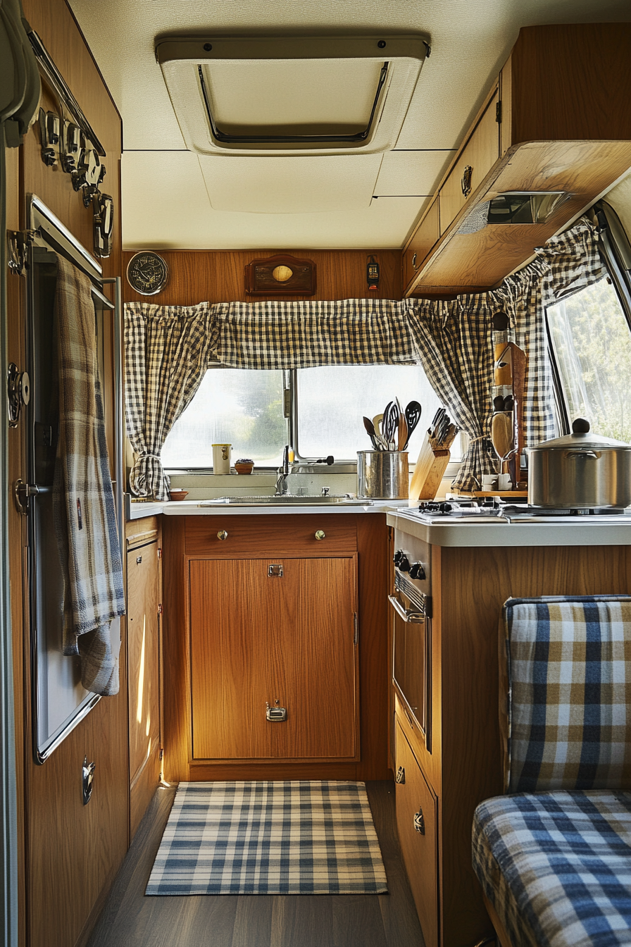 Classic camper kitchen view. Teak Cabinets with Checkered Curtains and Vintage Nickel Knobs.