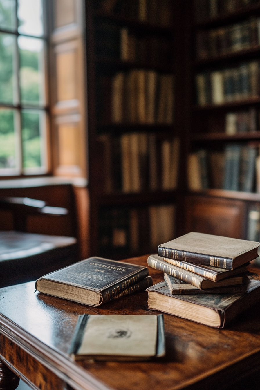 Wide angle view. Dark academia library in tiny house, antique, vintage books on mahogany coasters.