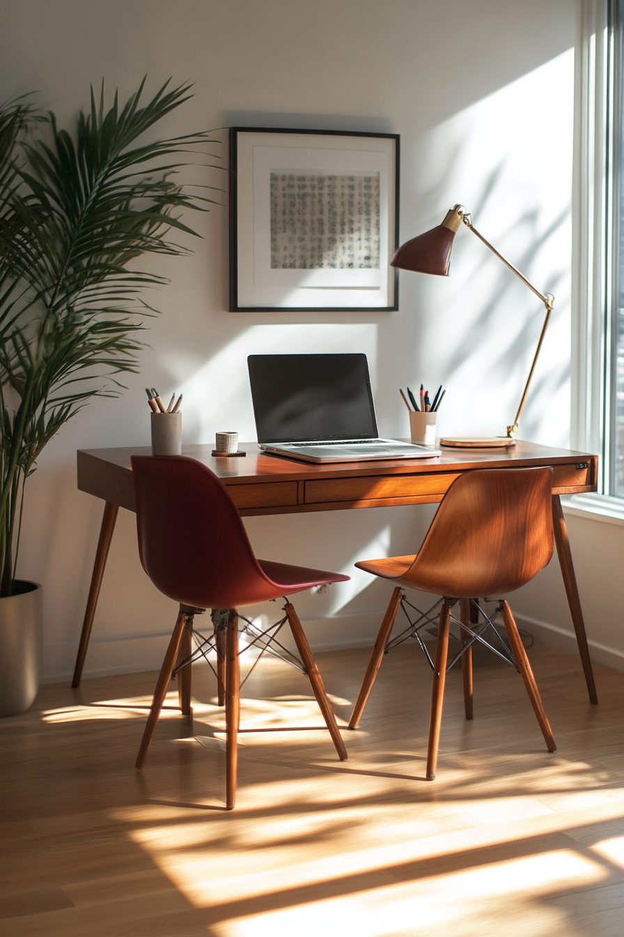 Professional mobile workspace. Wooden teak desk, deep cherry chairs, & mid-century designer lamp.