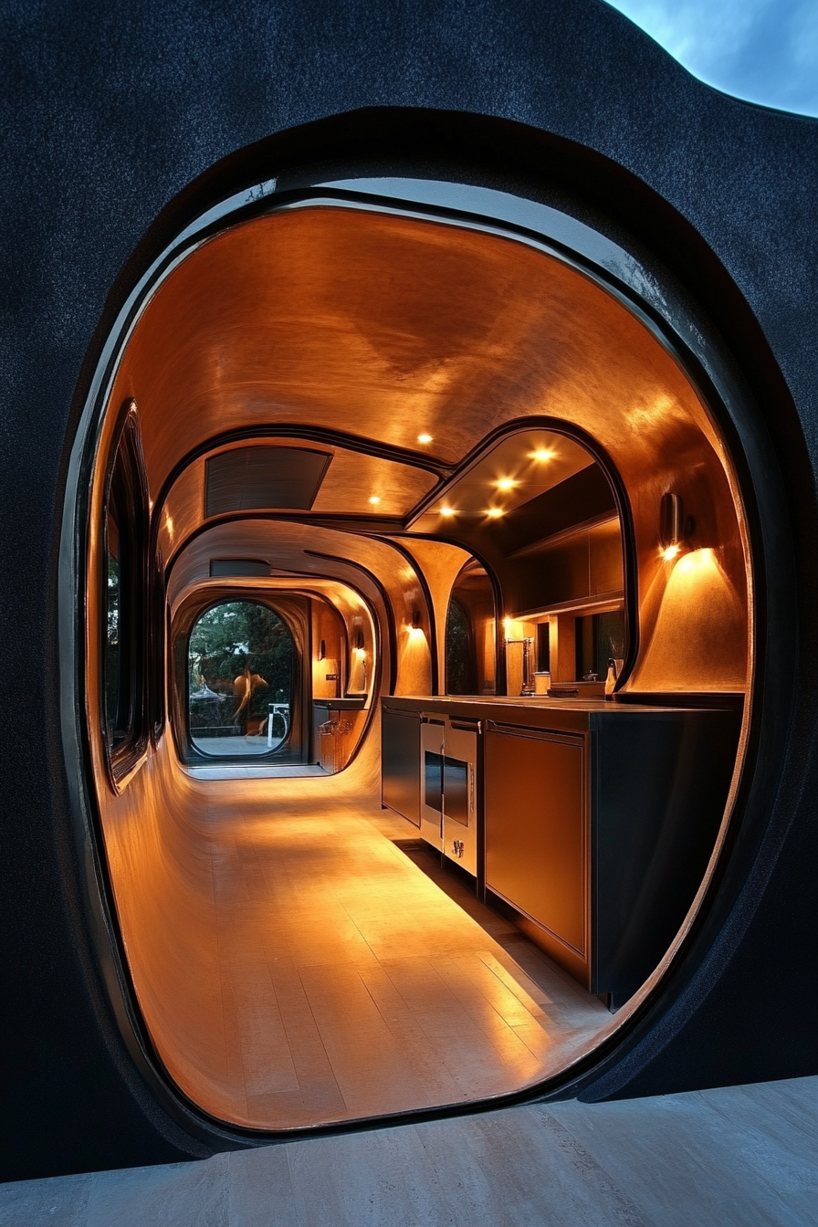 Dark, sophisticated mobile home. Architectural arches and illuminated terra cotta interior fixtures in wide-angle view.