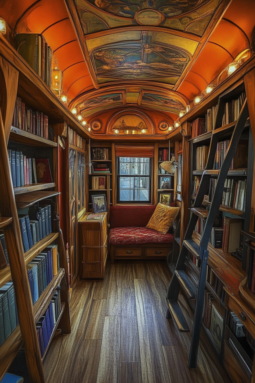 Wide angle view of storybook-inspired mobile library with curious ladders and antique books.