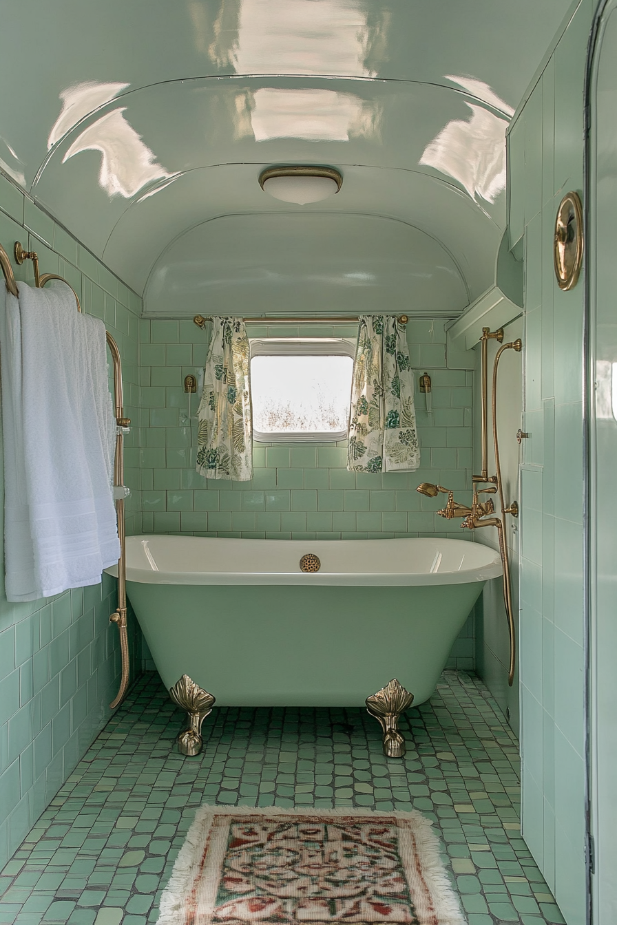 1950s RV bathroom. Pastel green vintage tile patterns, gold-tone fixtures and clawfoot tub.