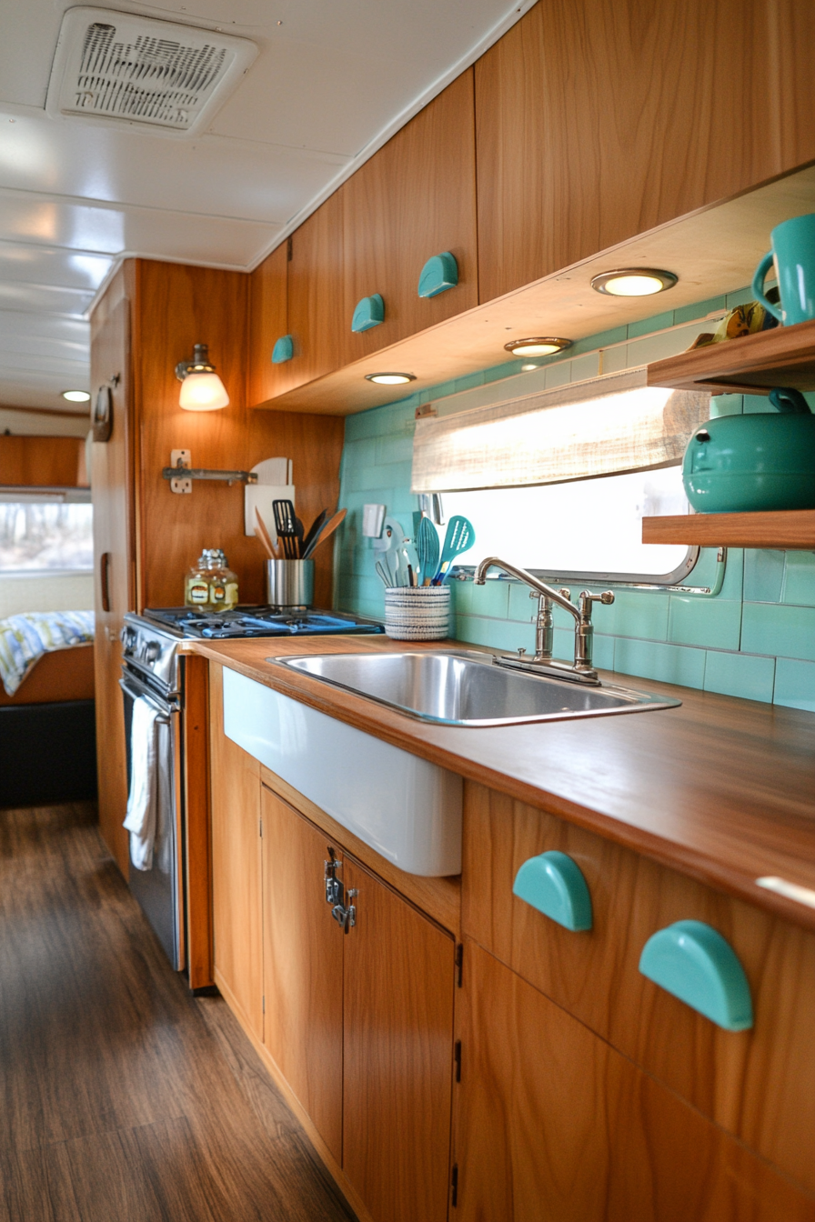 wide angle view of classic camper kitchen. teak cabinets with blue retro-inspired knobs.