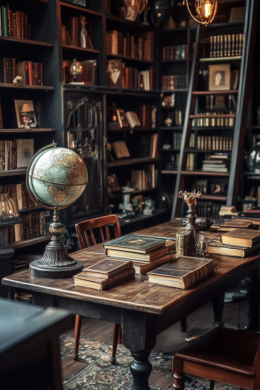 Dark academia tiny house library. Long mahogany tables filled with worn vintage books and antique globe.