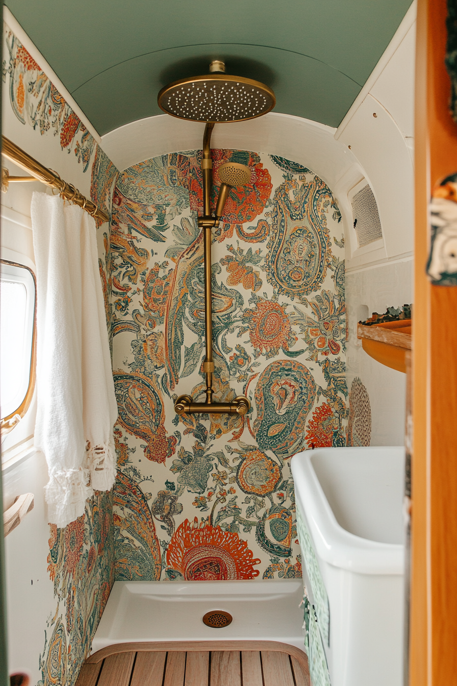 Wide angle view. Mid-century camper bathroom with paisley wallpaper and brass showerhead.