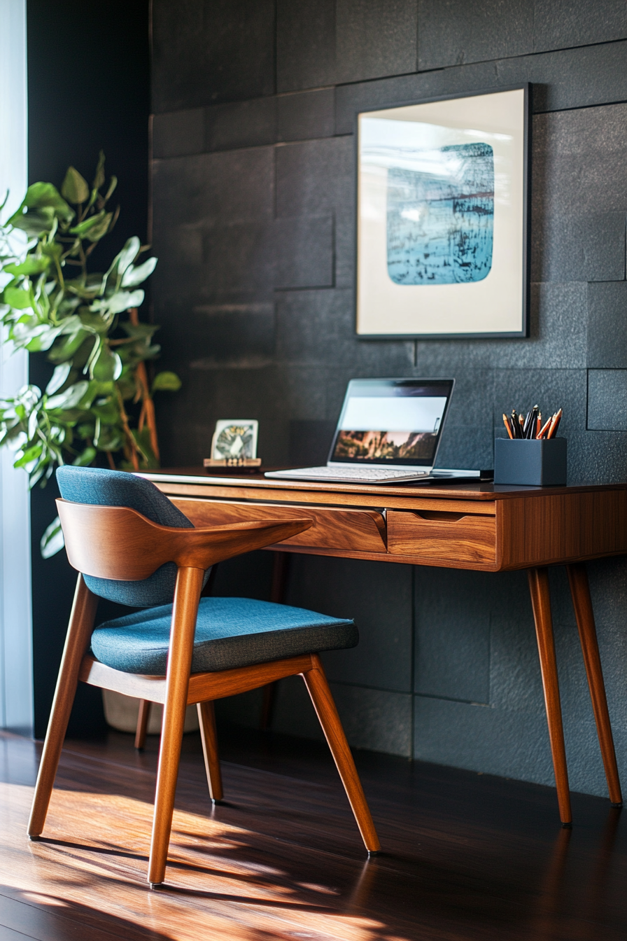 Professional mobile workspace. Walnut desk, phantom blue accessories, slate wall contrasts mid-century chair.