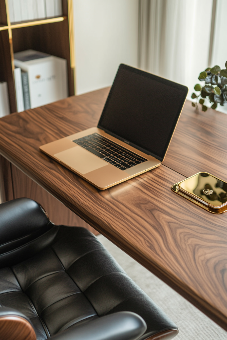 Wide angle view of mobile workspace. Leather chair, walnut desk, gold plated laptop.