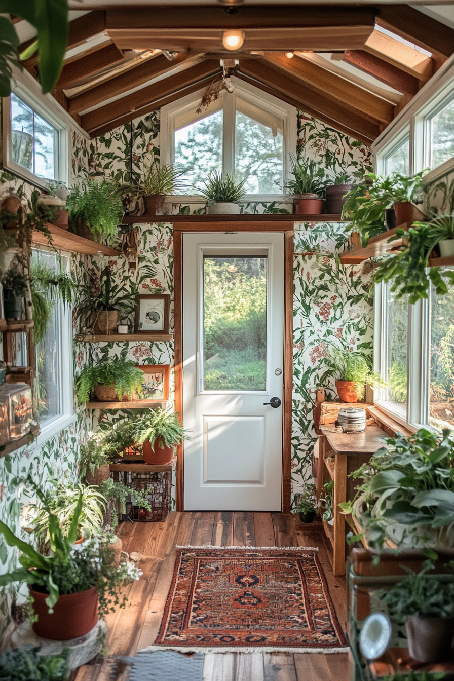 Wide angle view. Tiny house with potted ferns, botanical wallpaper, and greenhouse windows.