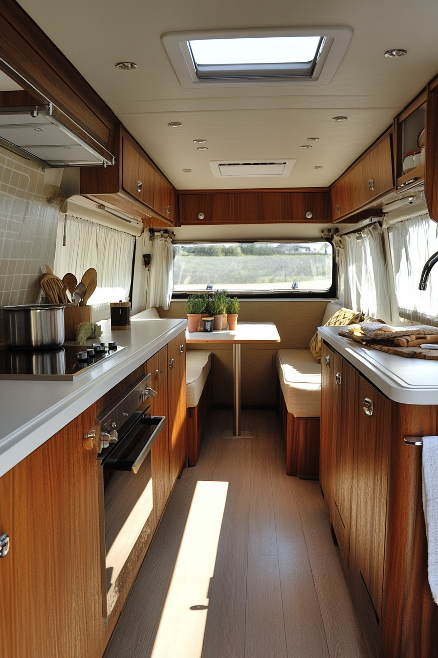 Wide angle view. Classic camper kitchen with teak cabinets and retro-inspired hardware.