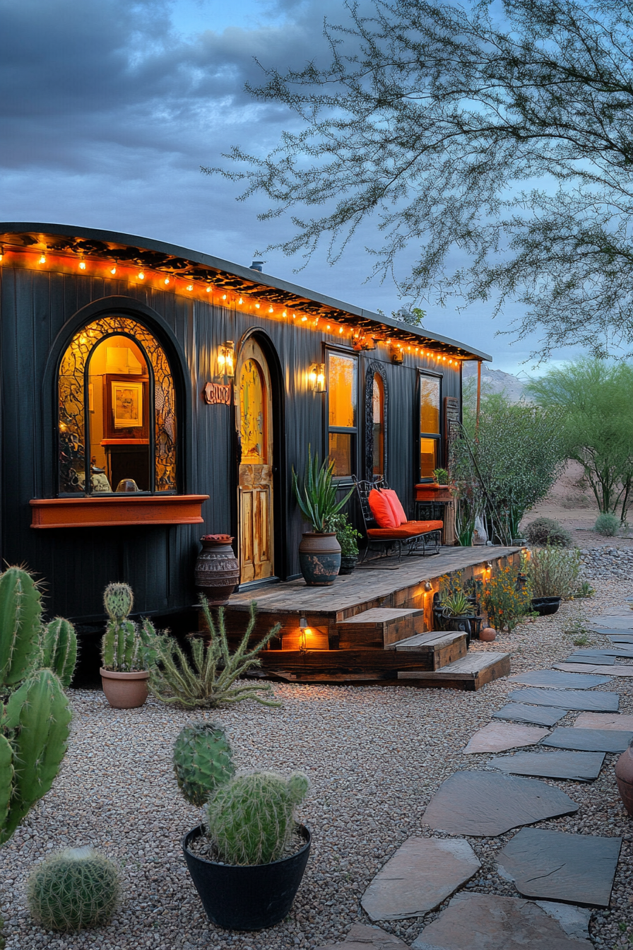 Wide angle view. Dark mobile home, arched features, terra cotta accents.