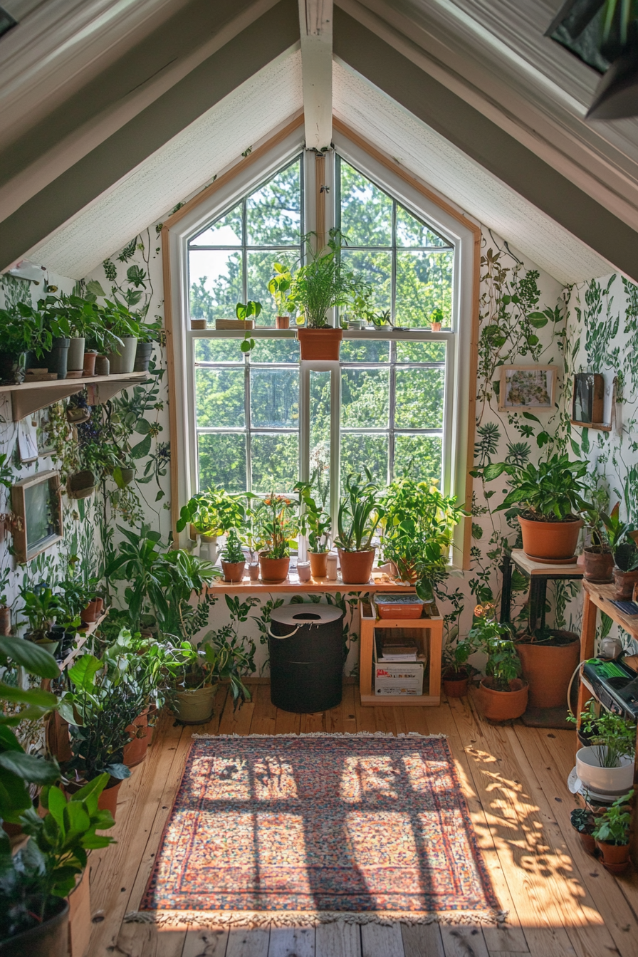 Wide angle view. Tiny house. Greenhouse windows, various potted plants, botanical wallpaper.