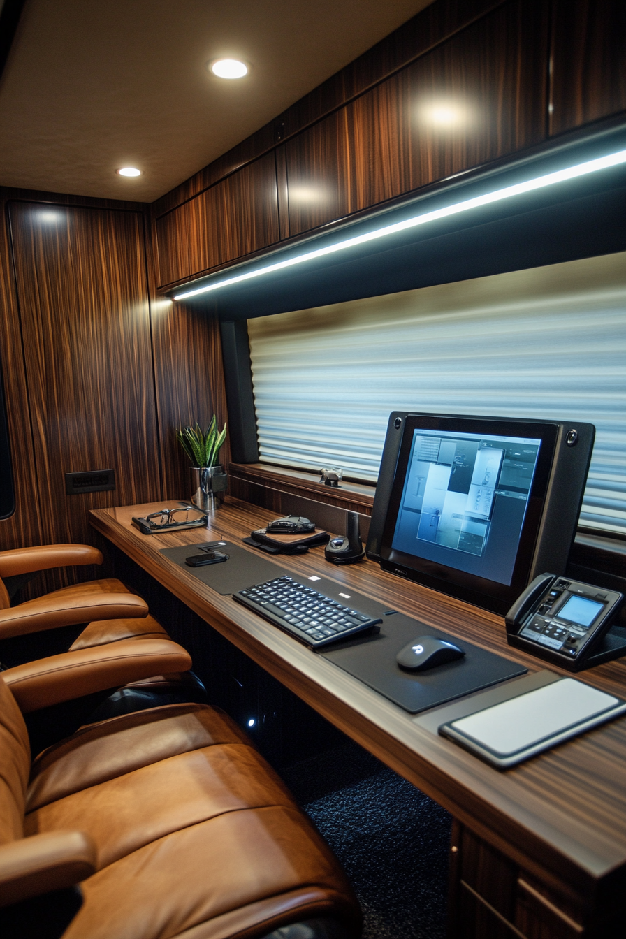 Upscale mobile workspace. Wide angle, leather seating, walnut desk, slick gadgets.