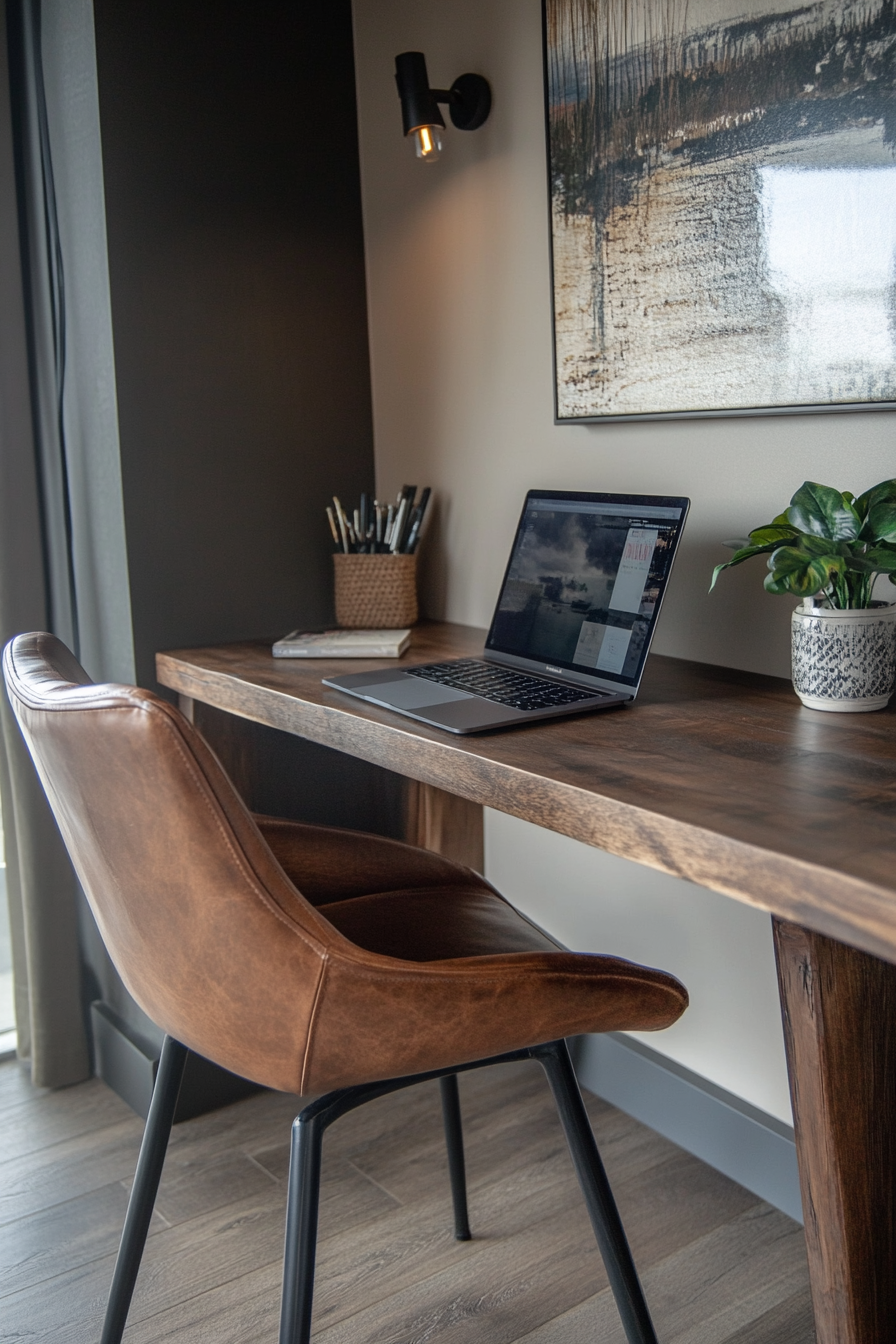 Wide angle view. Mobile workspace, leather chair, walnut desk, sleek laptop.