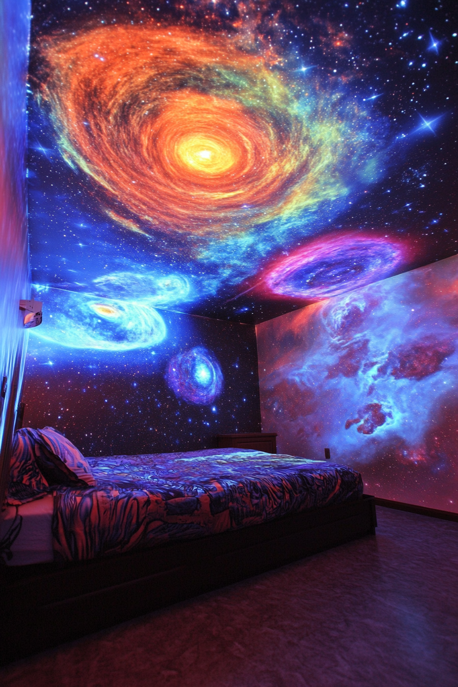 Space-themed sleeping quarters. Wide angle, star projections, swirling nebula-colored murals.