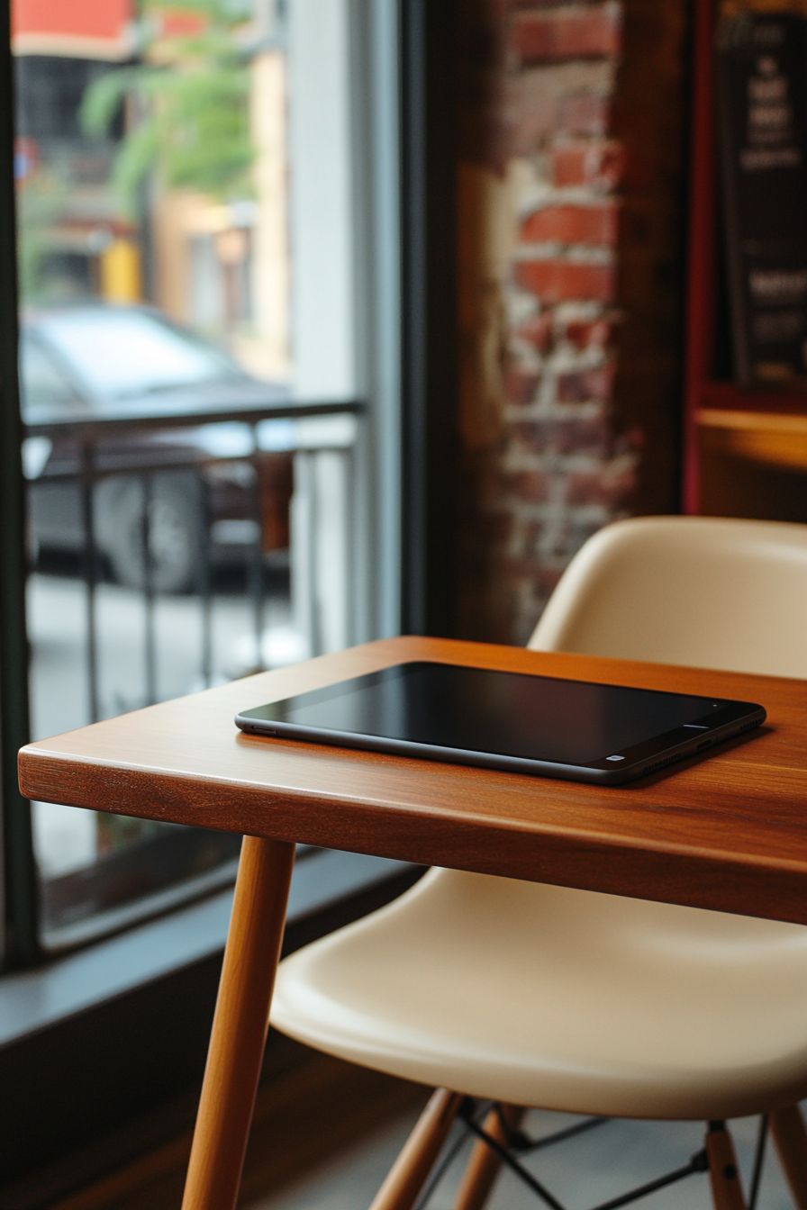 Professional mobile workspace. Mahogany table with black iPad Pro and tan Eames chair.