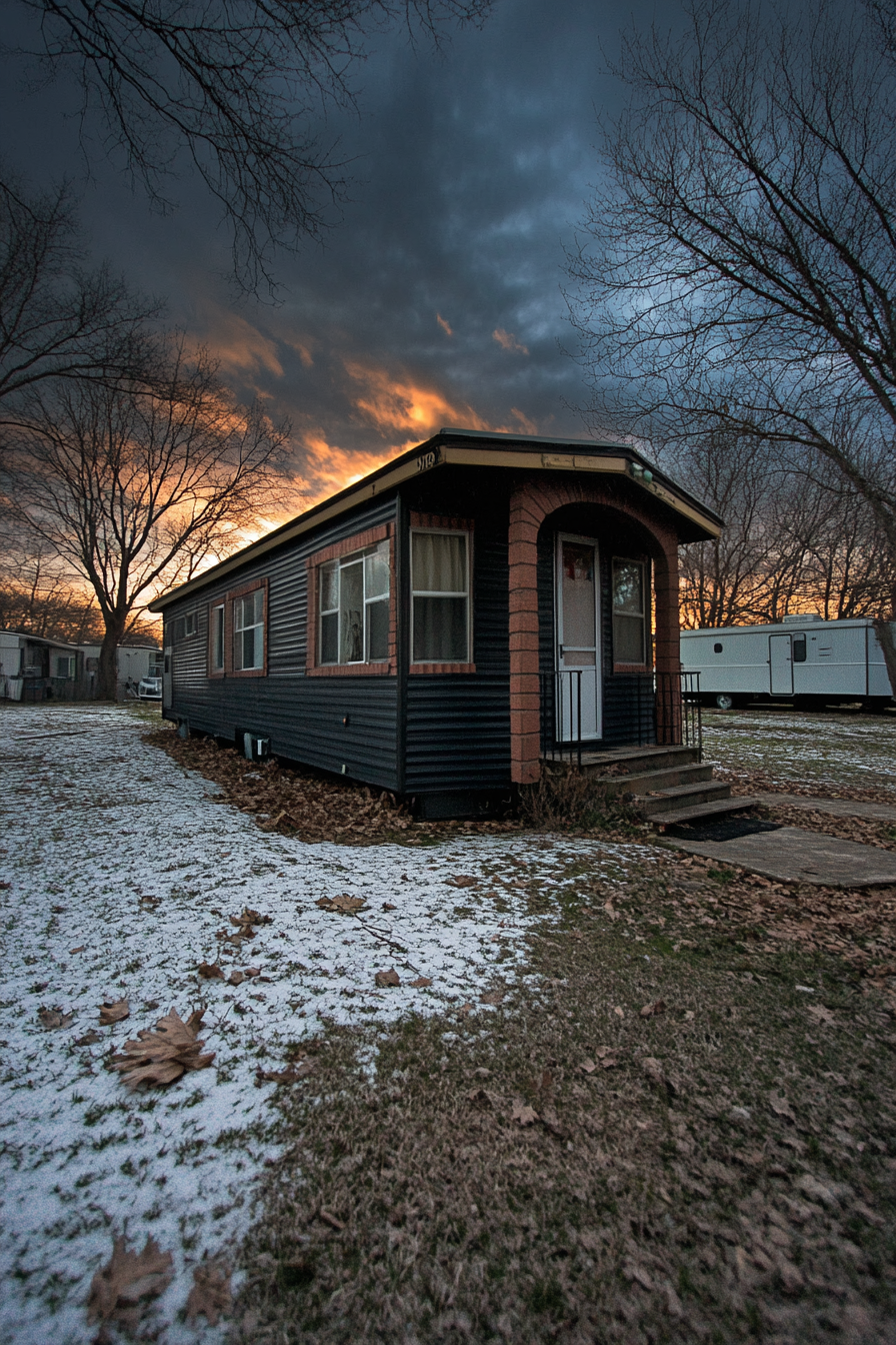 Wide angle view. Dark mobile home, arched details, terra cotta accents.