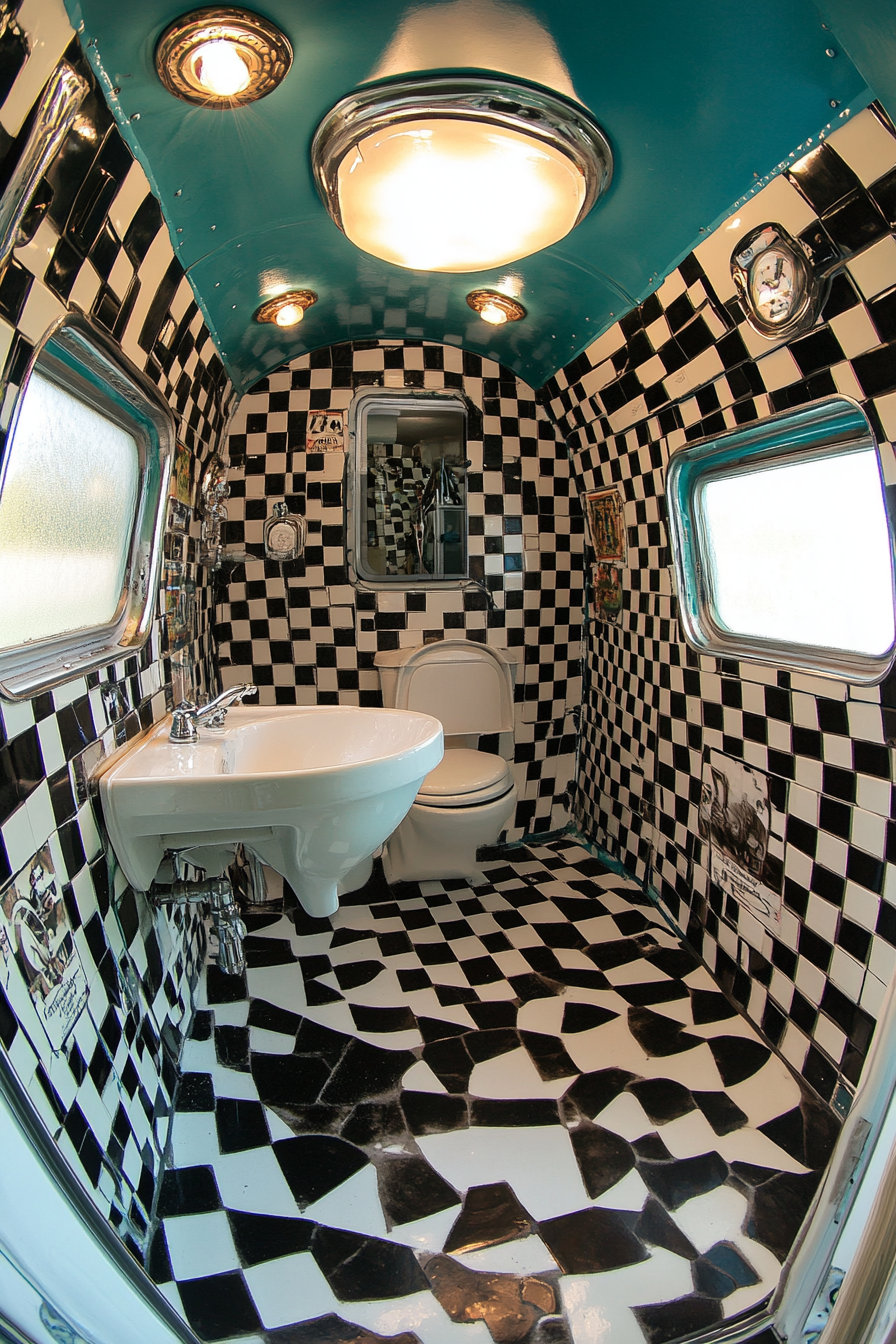 Wide-angle view. 1950s RV bathroom. Black and white checkered tile, classic porcelain fixtures.