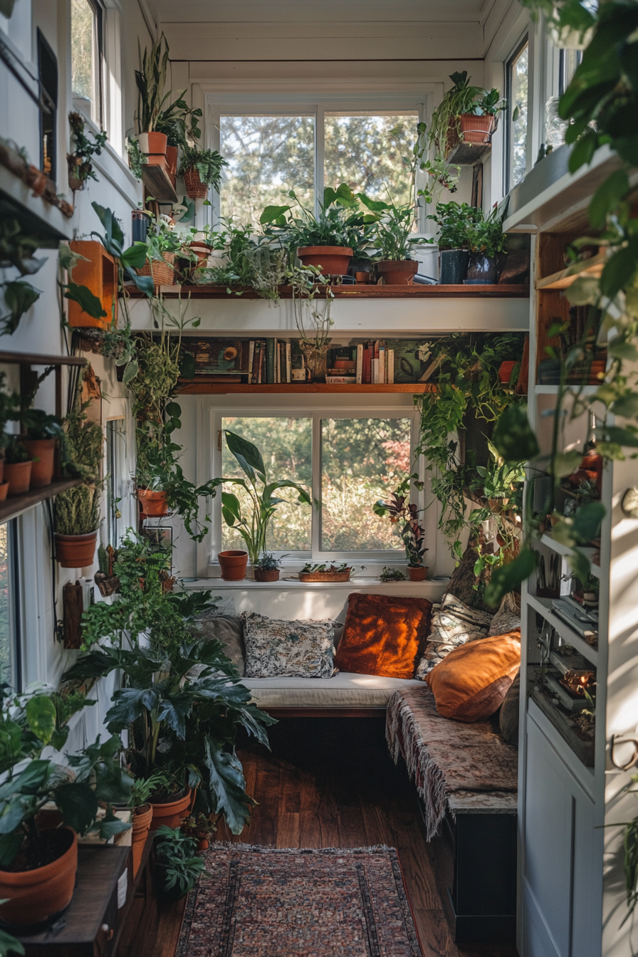 Wide angle view. Plant-filled tiny house, greenhouse windows, botanical wallpaper.