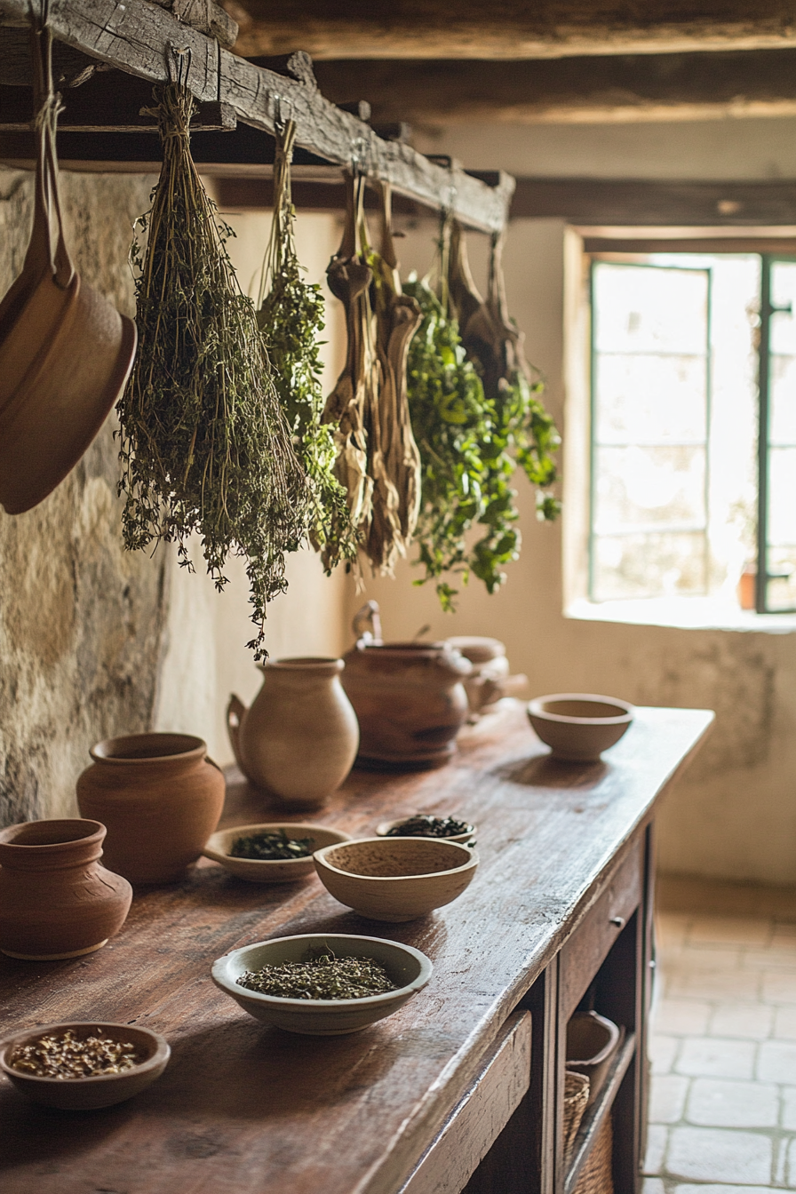 Provincial cooking space. Dried herbs hanging above a emphasizes oak table with earthenware pottery.