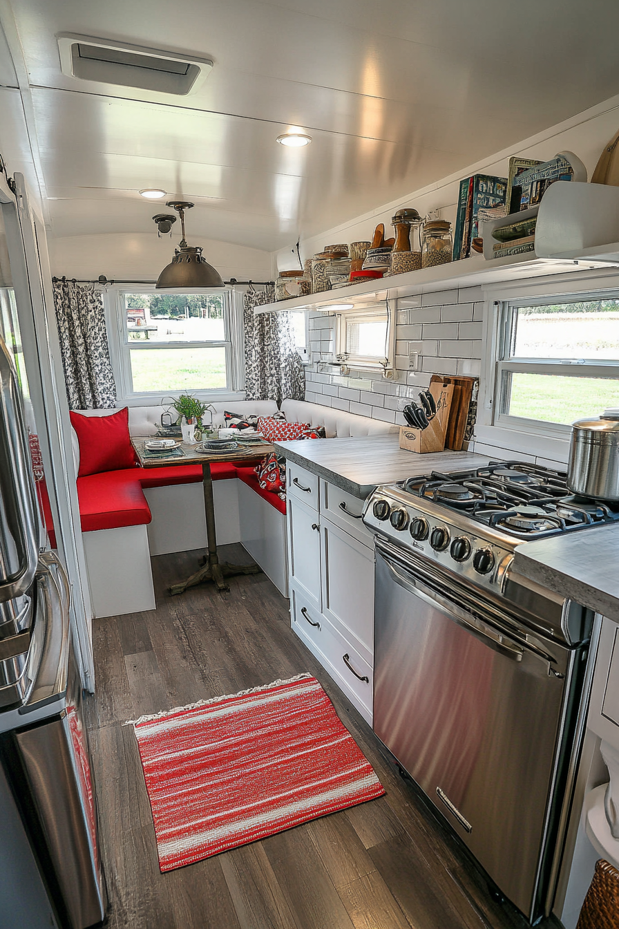 Wide angle view. Americana tiny house kitchen. Chrome appliances, booth seating.