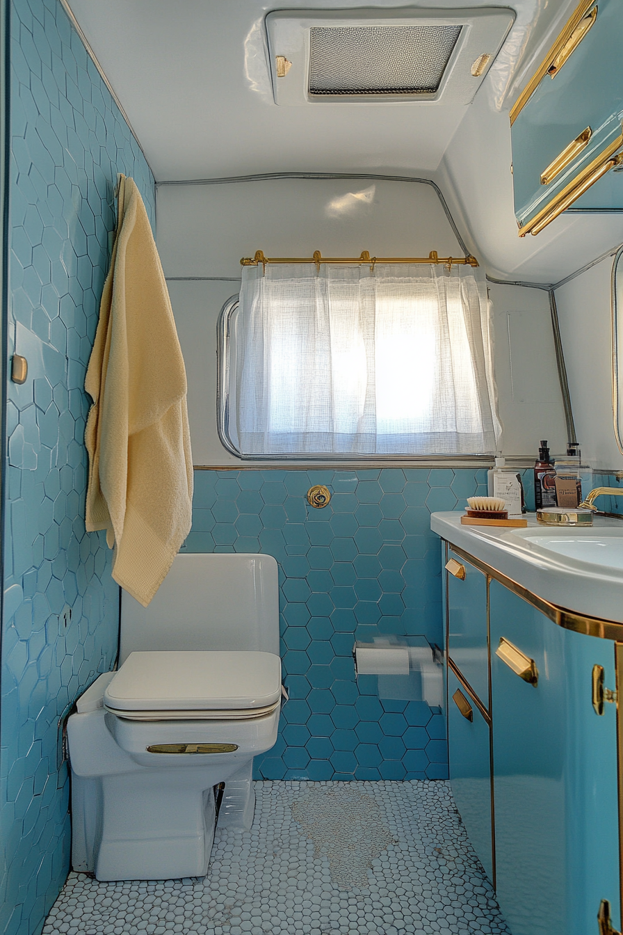 Wide angle view. 1950s RV bathroom, hexagonal vintage tiles, gold-accented fixtures.