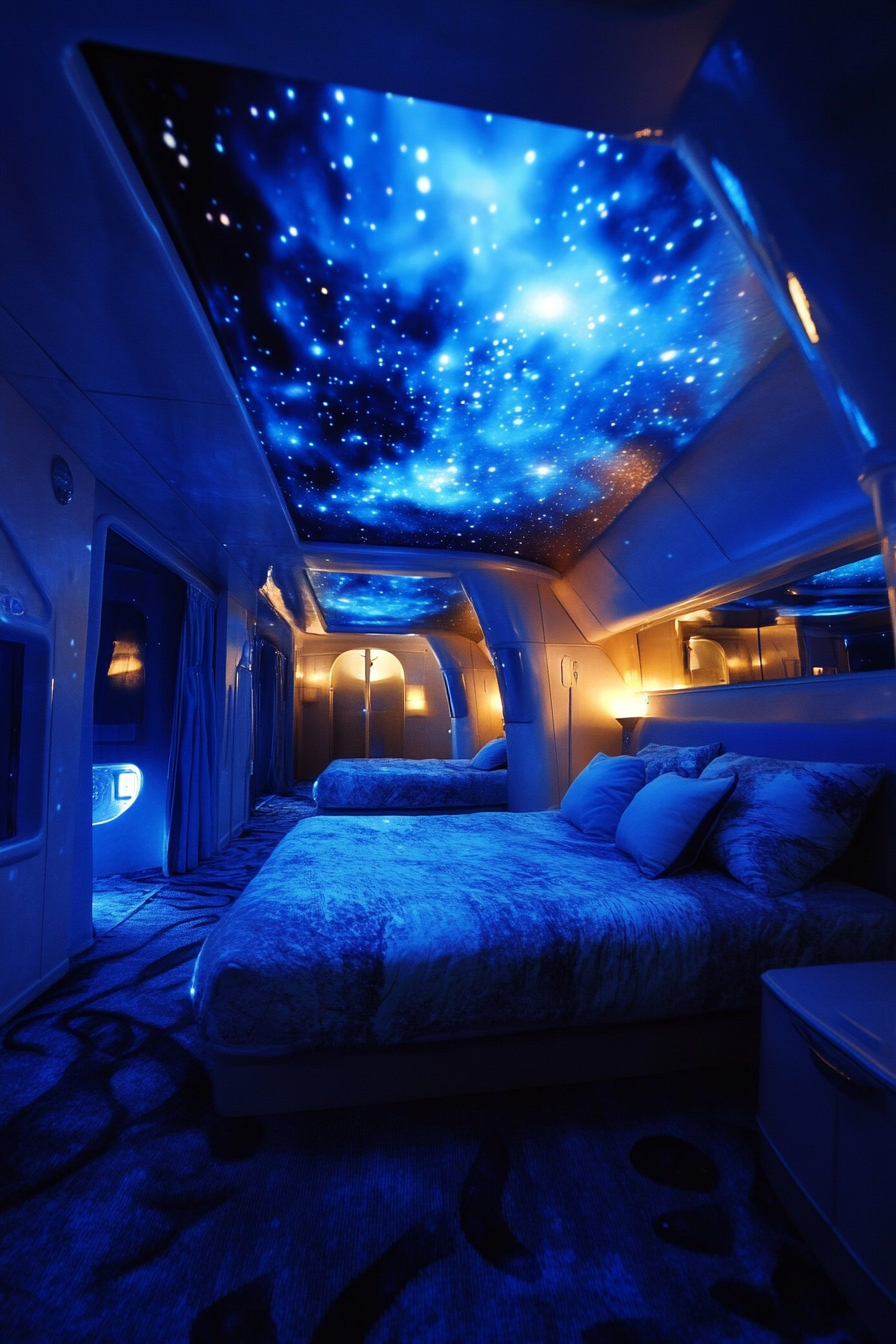 Wide angle view. Space-themed sleeping quarters with blue nebula color projections.