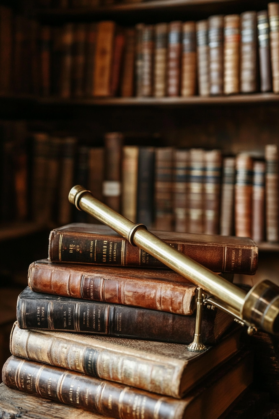 Dark academia tiny house library. Leather-bound books and a brass telescope.