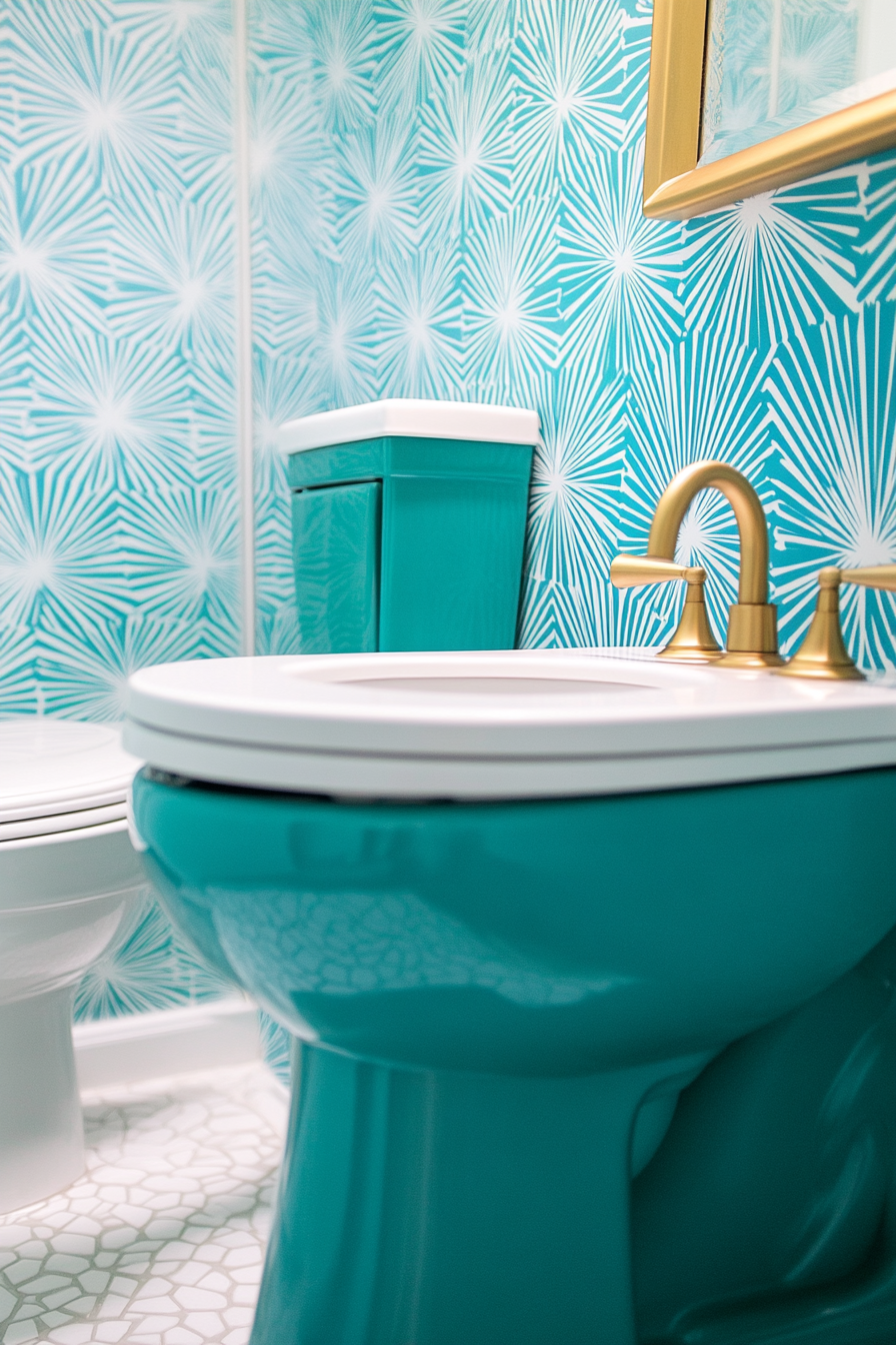 Mid-century inspired camper bathroom. Turquoise porcelain toilet with bold, geometric wallpaper and brass fixtures.